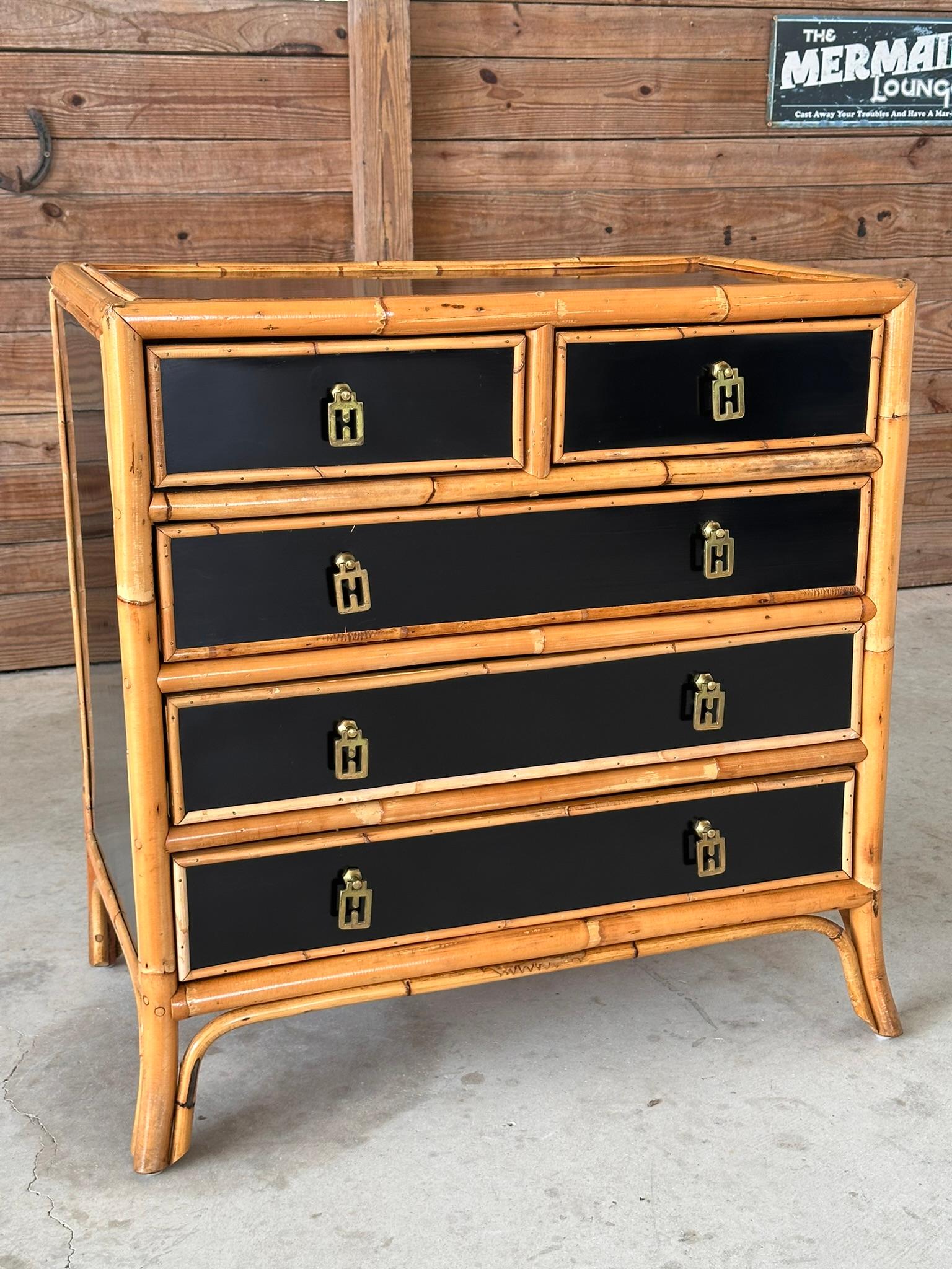 Late 20th Century Rattan Trimmed Black Lacquered Five Drawer Chest 13