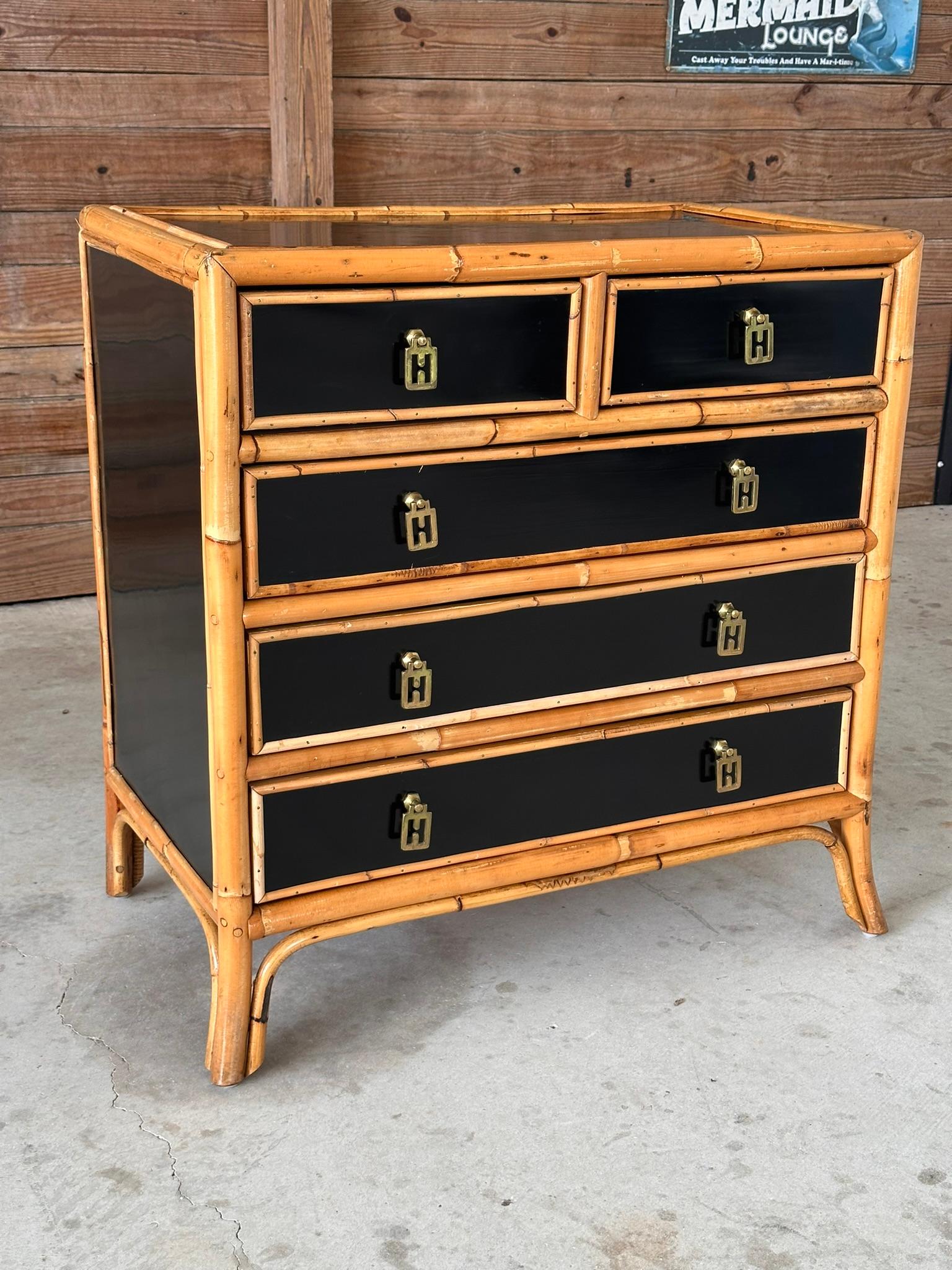 Late 20th Century Rattan Trimmed Black Lacquered Five Drawer Chest 14