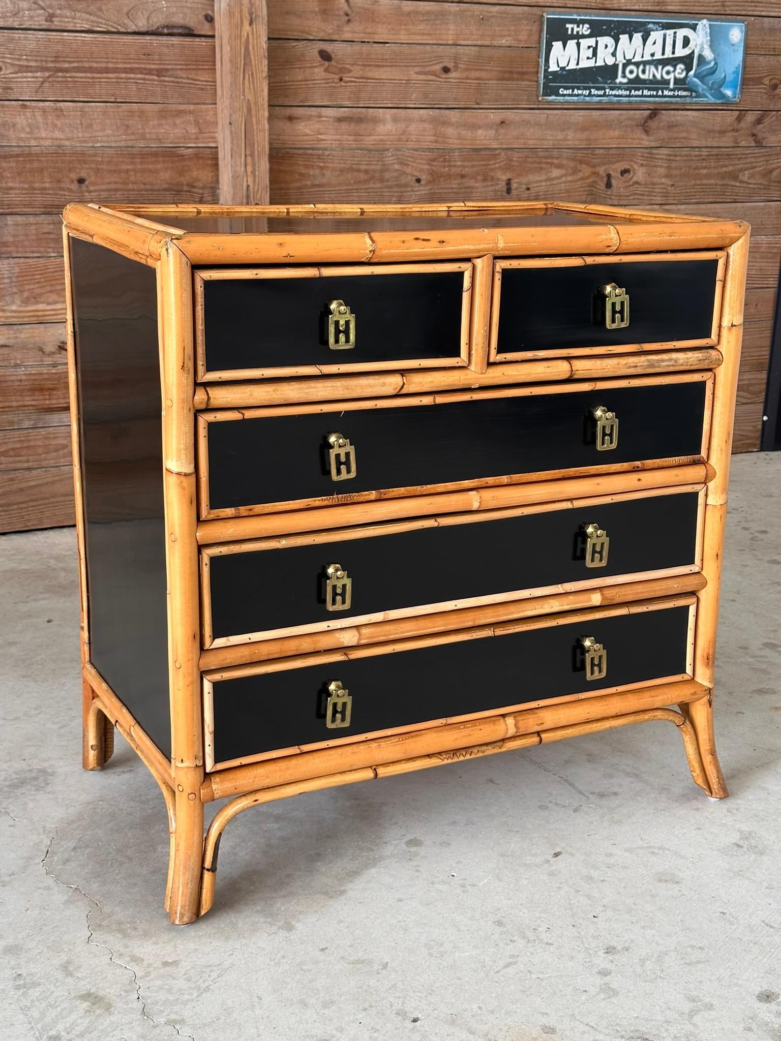 Late 20th Century Rattan Trimmed Black Lacquered Five Drawer Chest 15