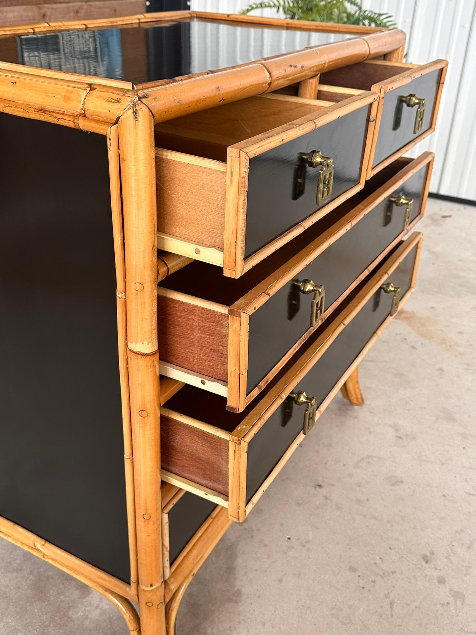 British Colonial Late 20th Century Rattan Trimmed Black Lacquered Five Drawer Chest