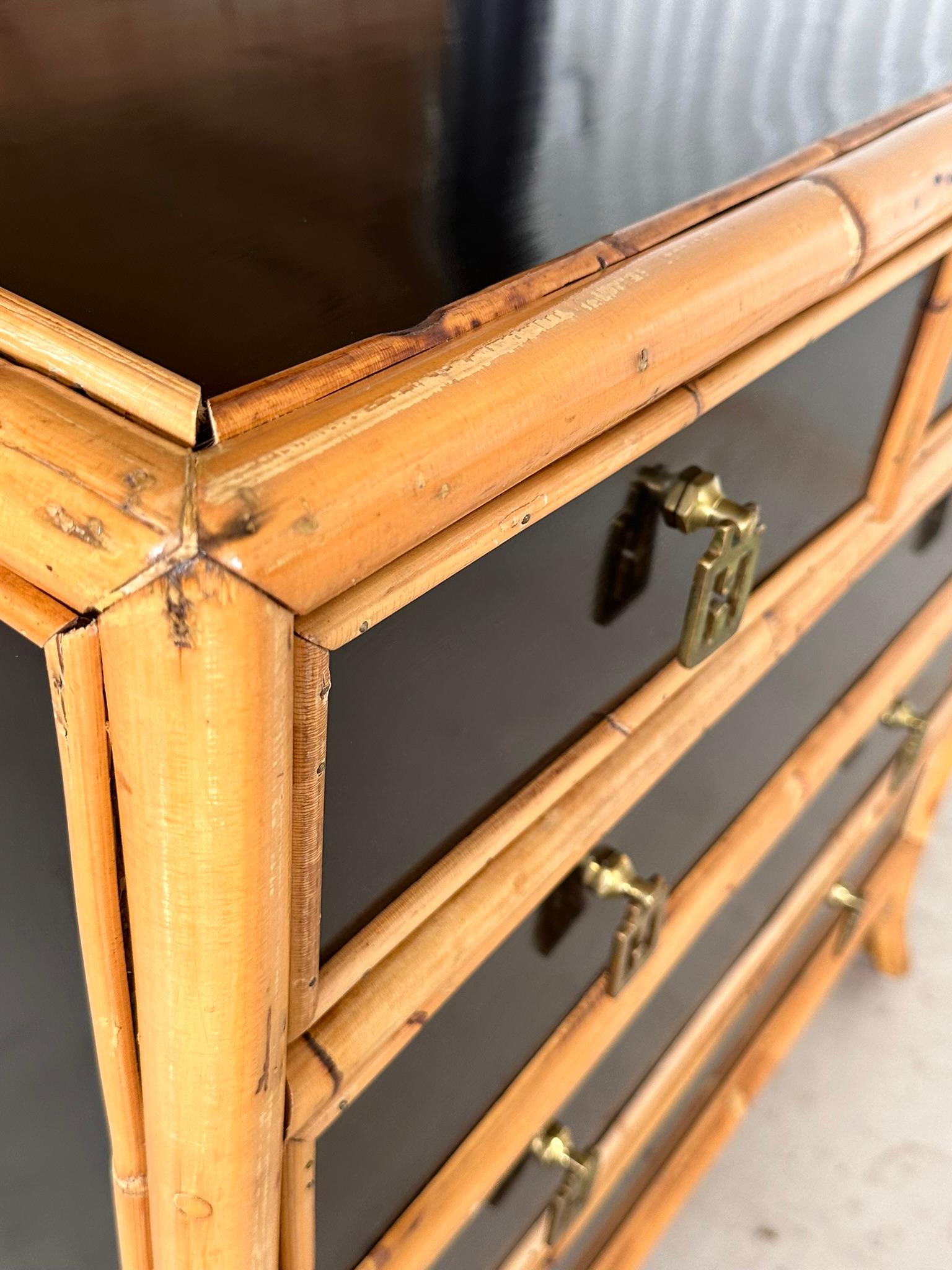 Hand-Crafted Late 20th Century Rattan Trimmed Black Lacquered Five Drawer Chest