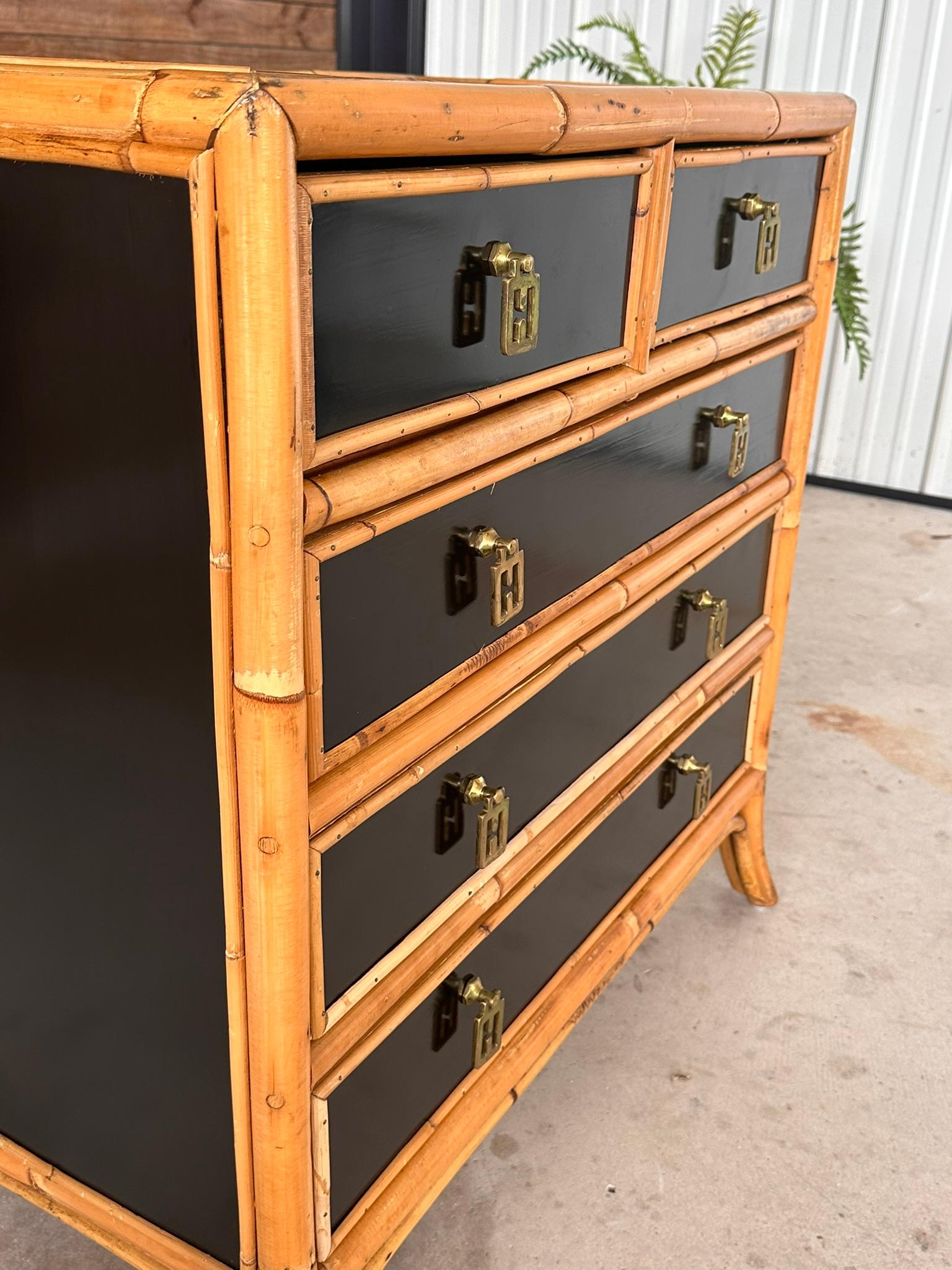Late 20th Century Rattan Trimmed Black Lacquered Five Drawer Chest In Good Condition In North Fort Myers, FL