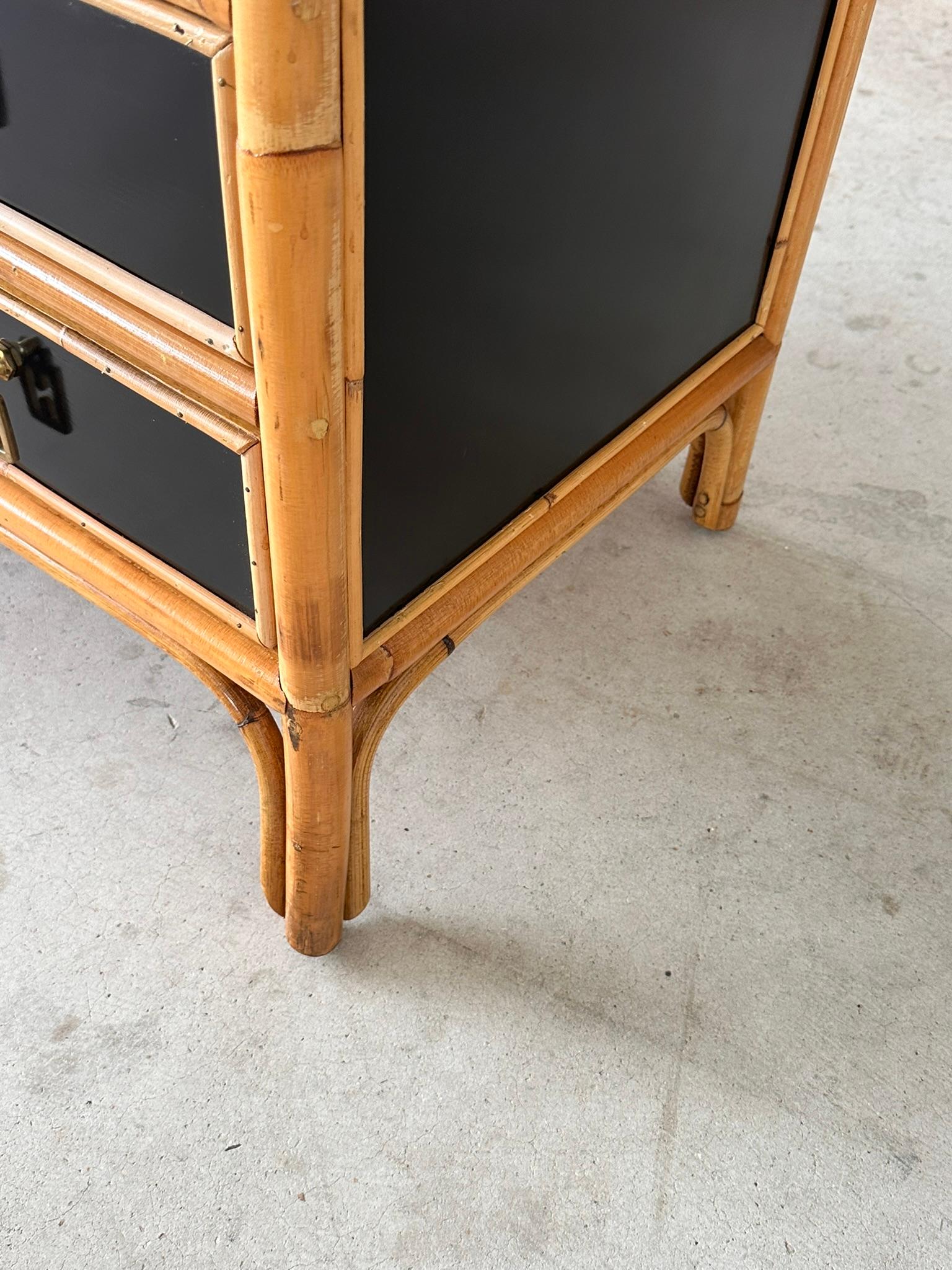 Late 20th Century Rattan Trimmed Black Lacquered Five Drawer Chest 2
