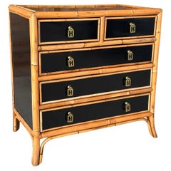 Late 20th Century Rattan Trimmed Black Lacquered Five Drawer Chest