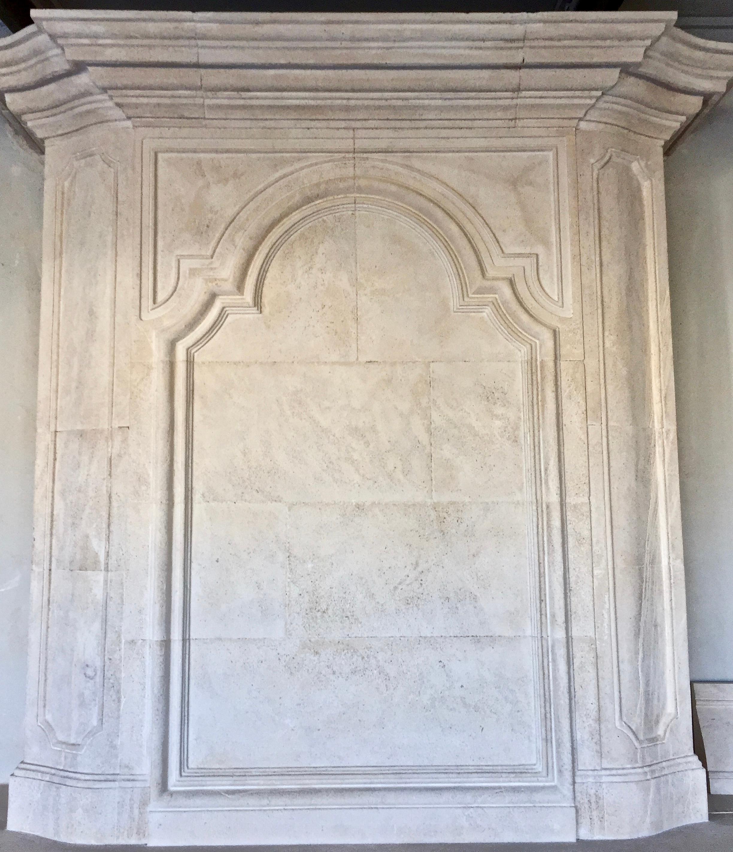 Late 20th century Re-edition Louis XIV style fireplace aged limestone For Sale 3