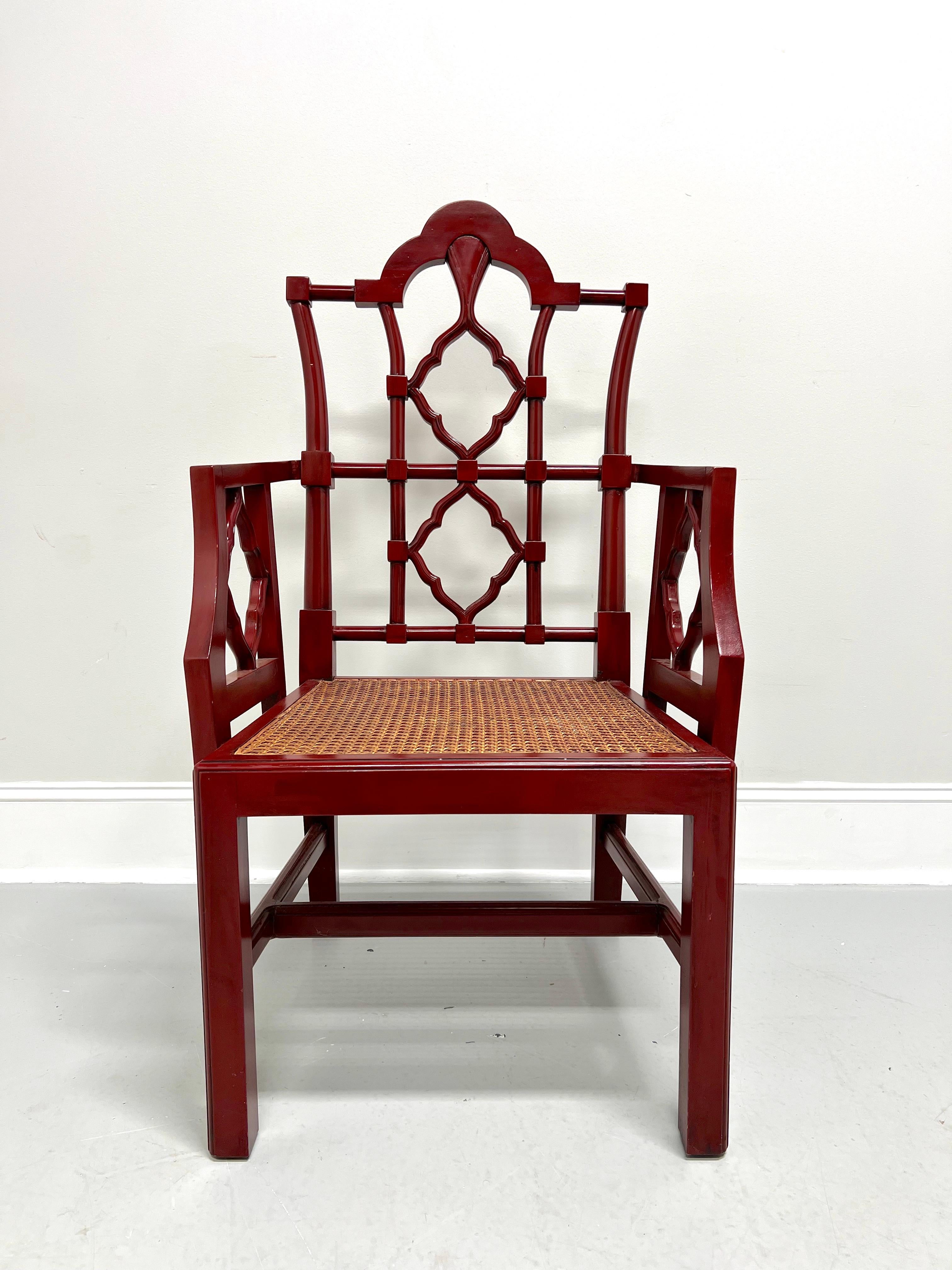 Late 20th Century Red Lacquered Carved Wood & Cane Asian Style Armchair For Sale 6