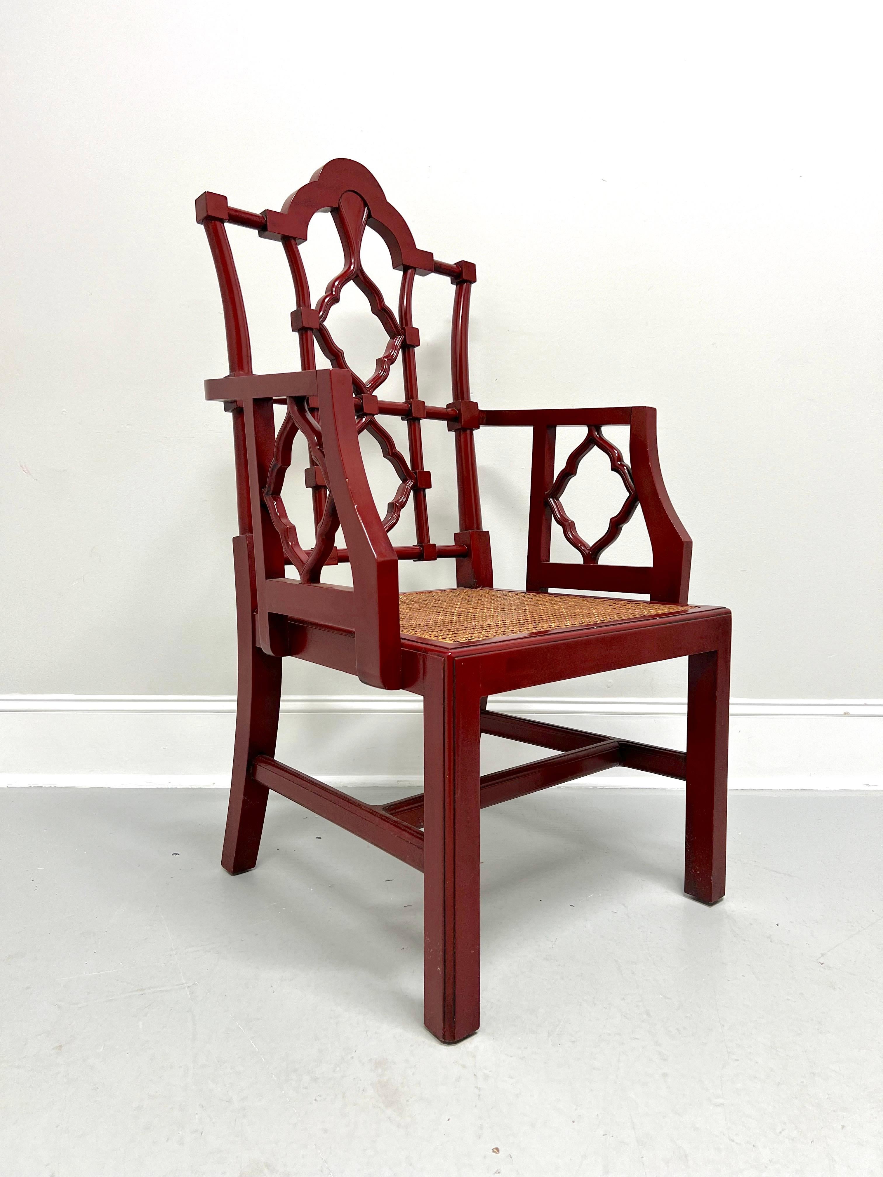 Chinese Chippendale Late 20th Century Red Lacquered Carved Wood & Cane Asian Style Armchair For Sale