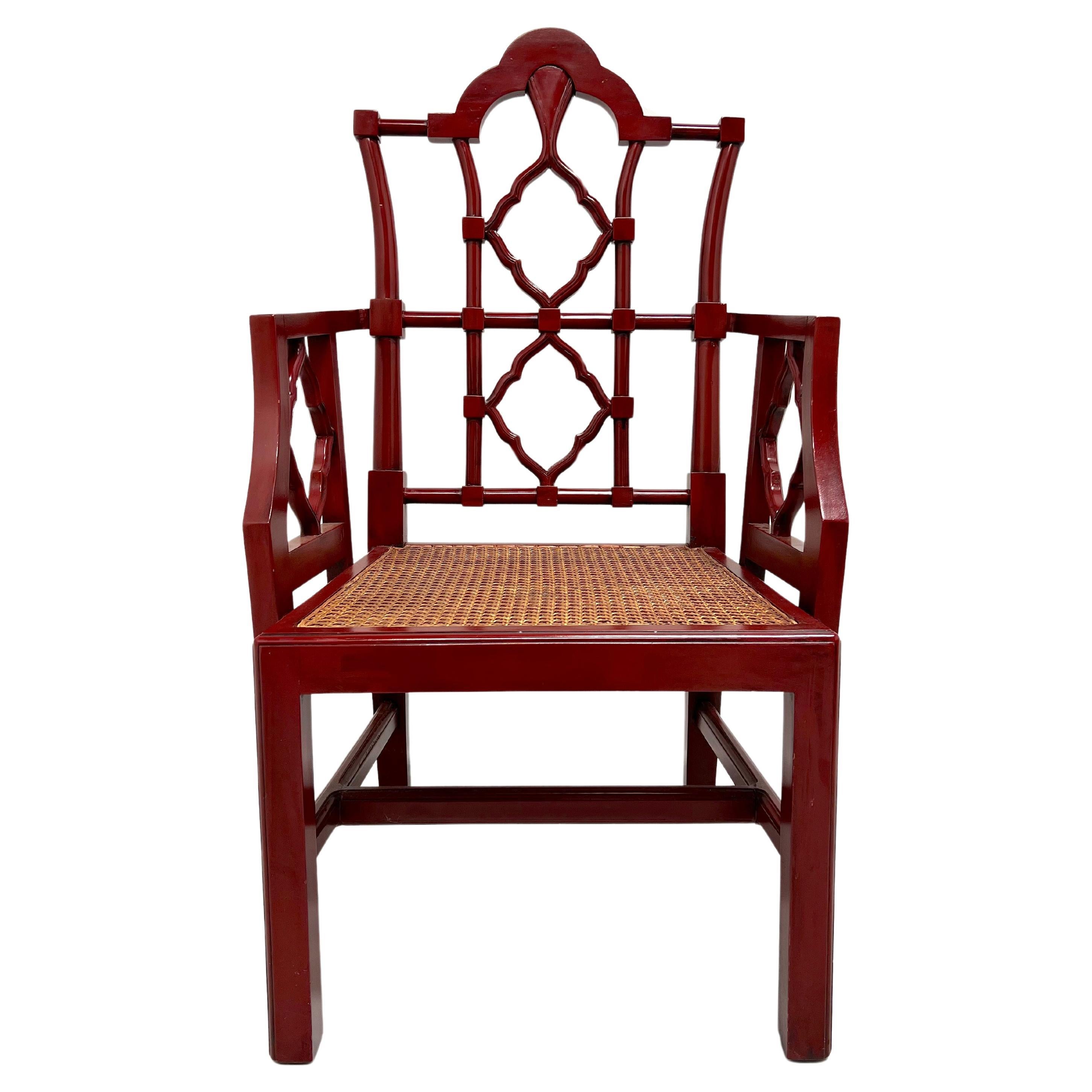 Late 20th Century Red Lacquered Carved Wood & Cane Asian Style Armchair For Sale