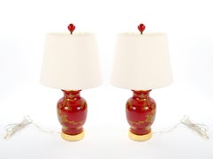 Late 20th Century Red Lacquered Hand Painted Red & Gold Porcelain Table Lamps