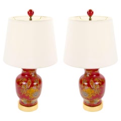 Lámparas de Sobremesa de Porcelana Roja y Dorada Lacadas a Mano de Finales del Siglo XX