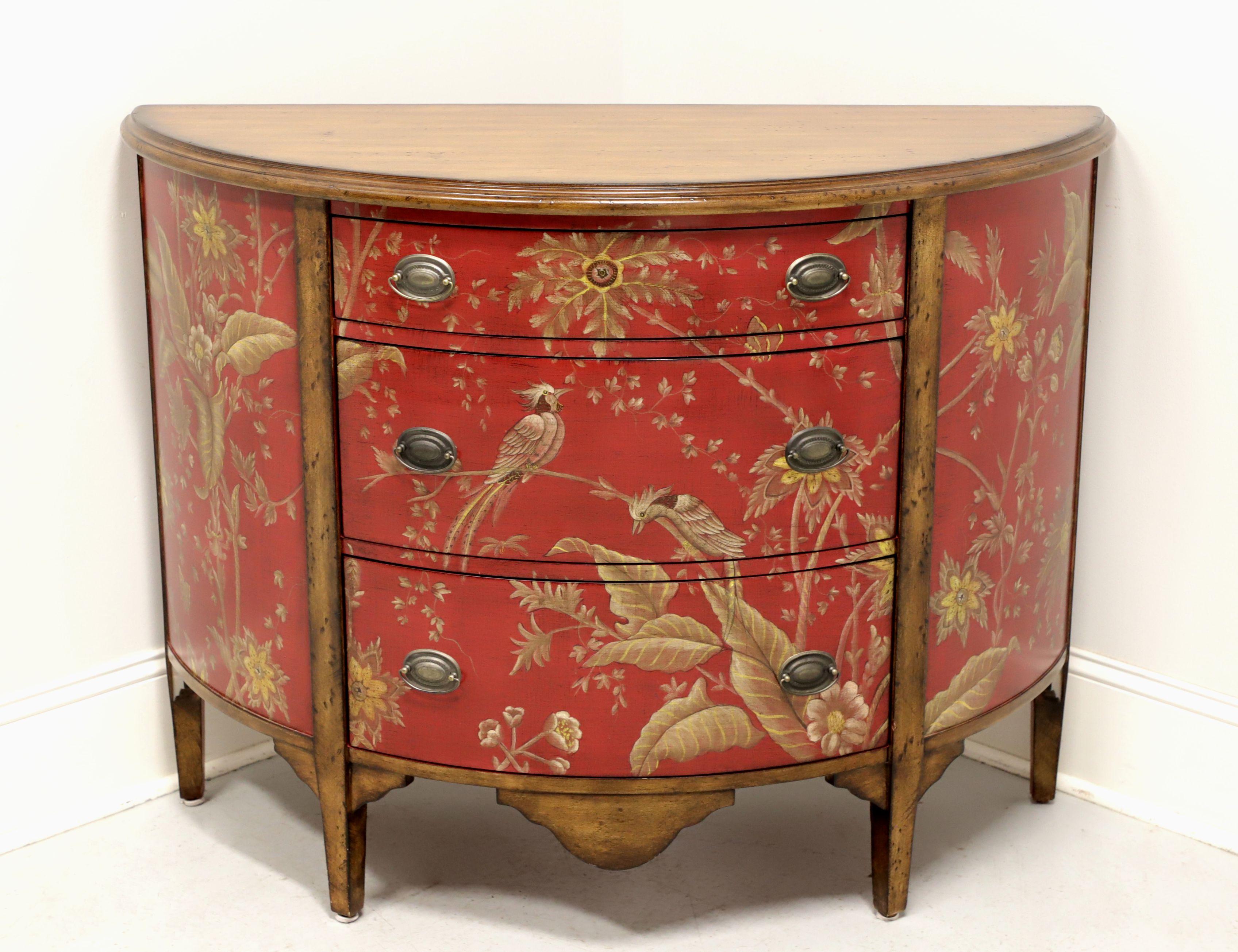 Late 20th Century Red Painted with Foliate & Avian Themes Demilune Commode Chest 3