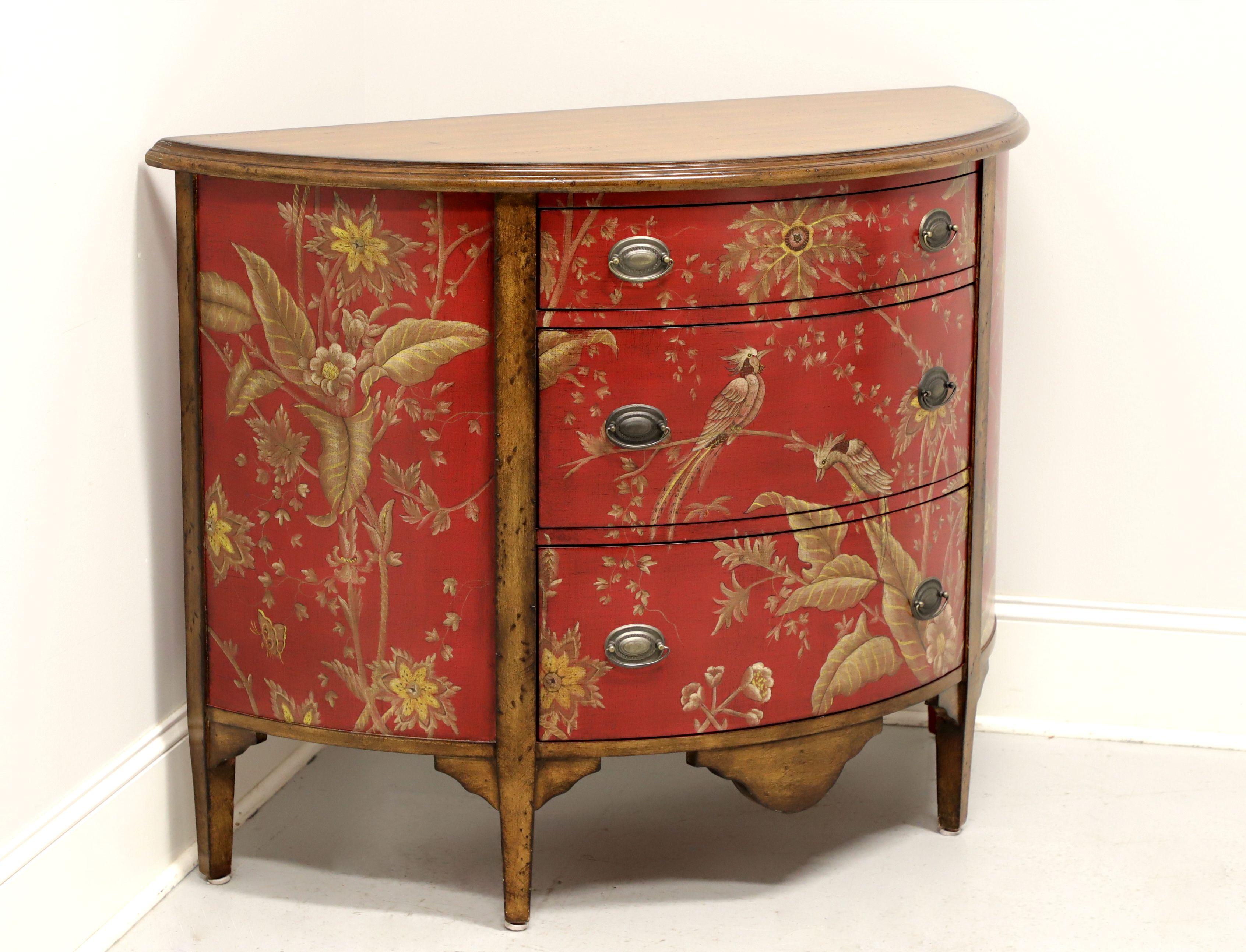 A Contemporary style demilune commode chest, unbranded. Slightly distressed walnut, drawer fronts & side panels painted red with hand painted avian & foliate themes, brass hardware and bracketed tapered legs. Features one smaller over two larger