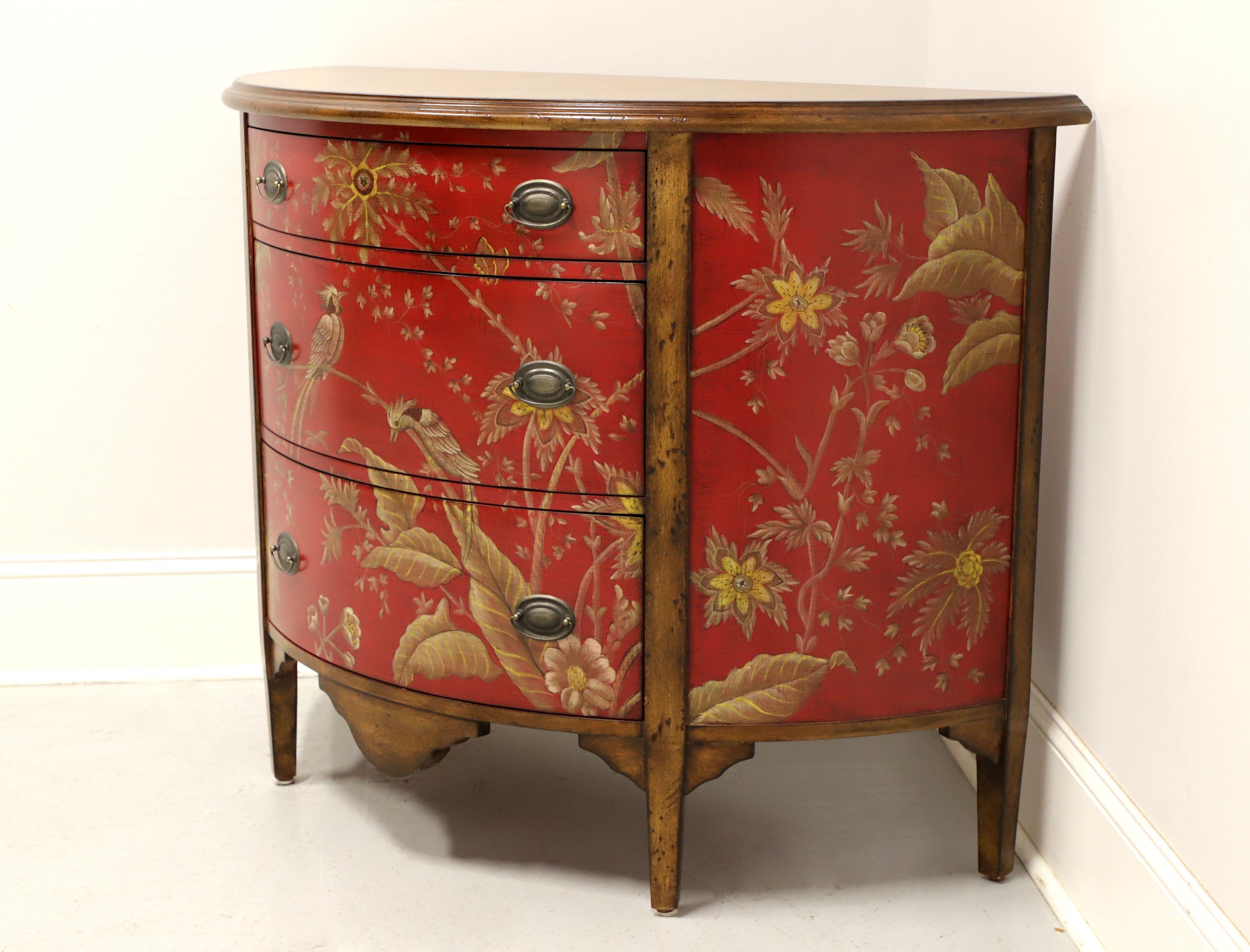 Modern Late 20th Century Red Painted with Foliate & Avian Themes Demilune Commode Chest
