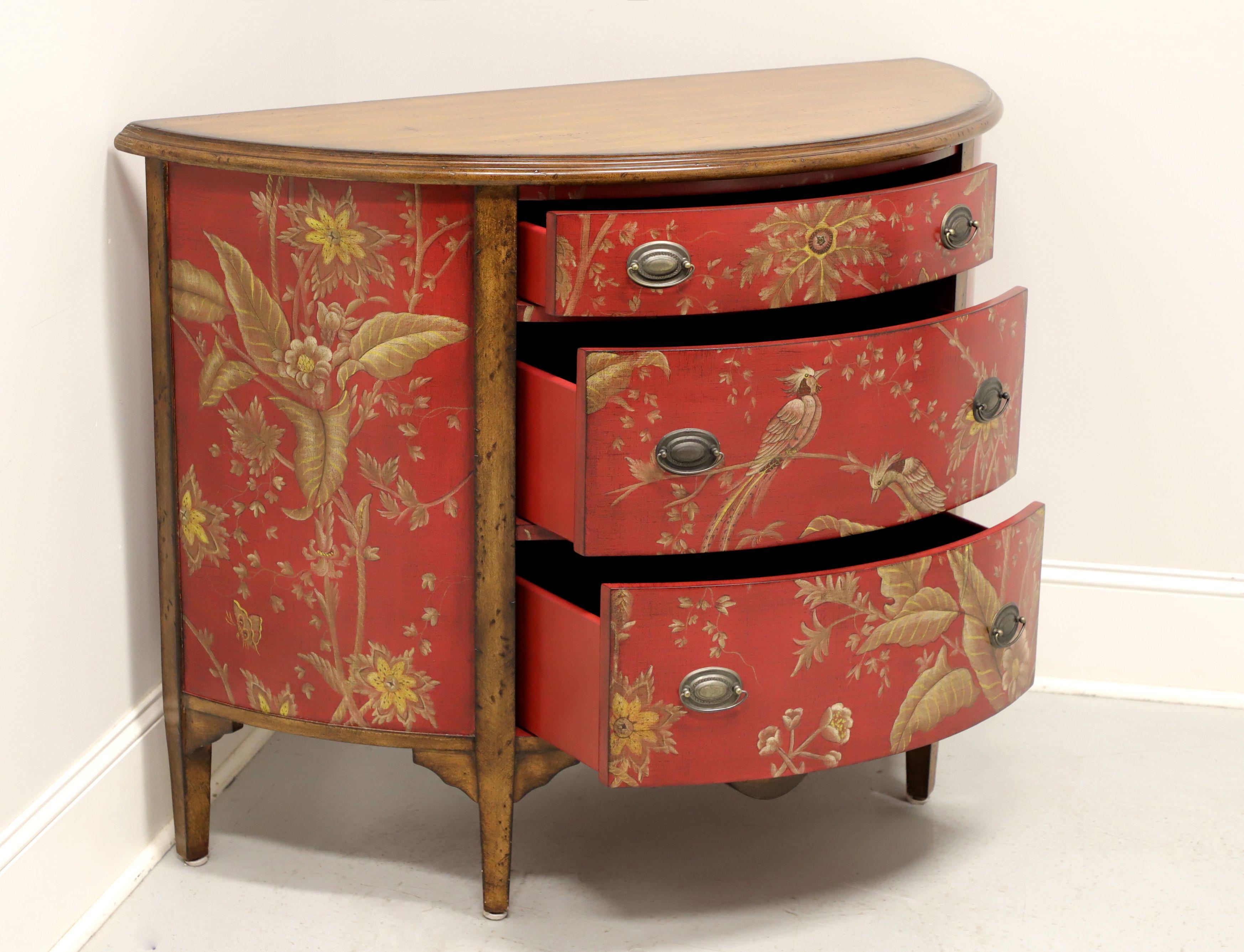 East Asian Late 20th Century Red Painted with Foliate & Avian Themes Demilune Commode Chest