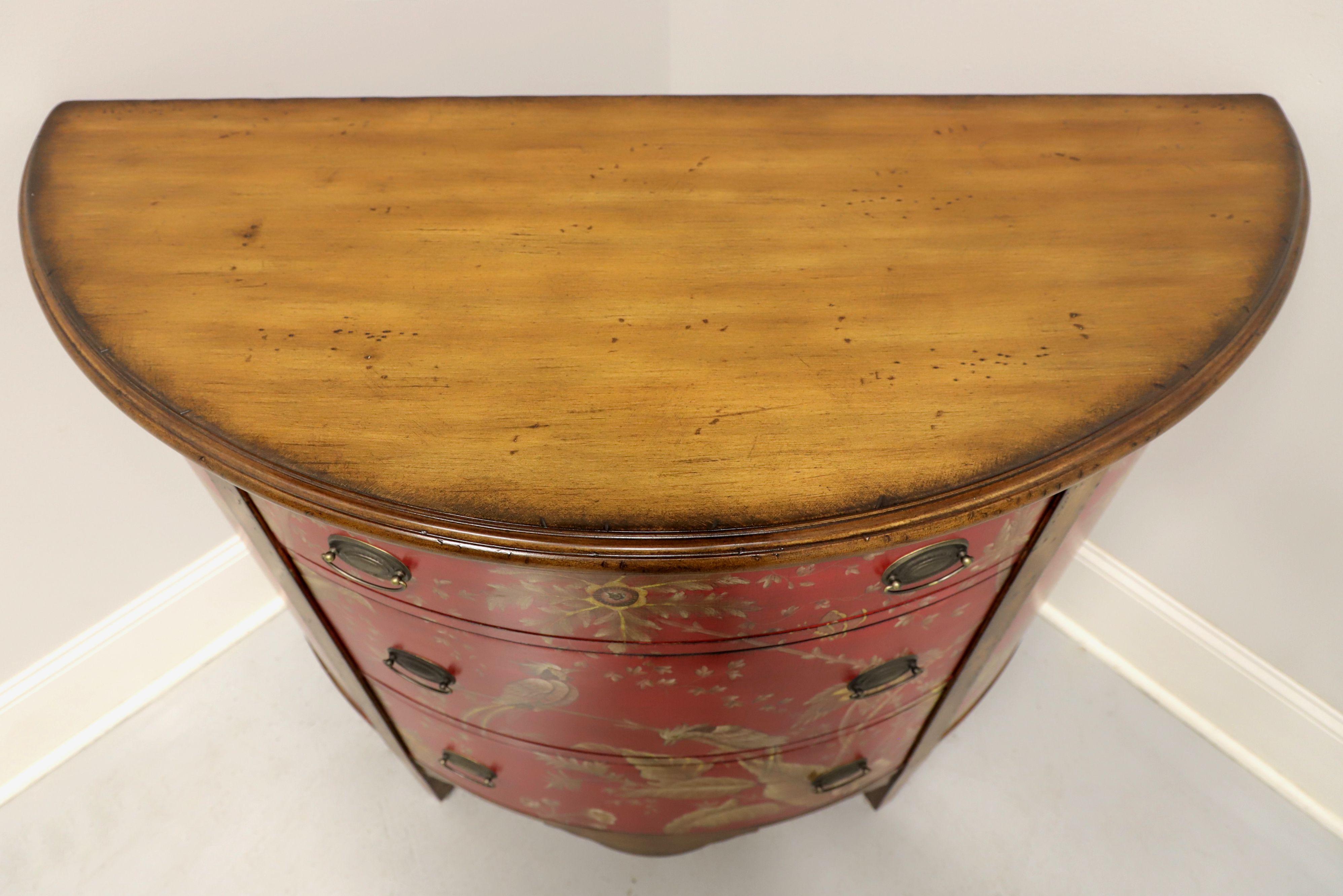 Late 20th Century Red Painted with Foliate & Avian Themes Demilune Commode Chest In Good Condition In Charlotte, NC