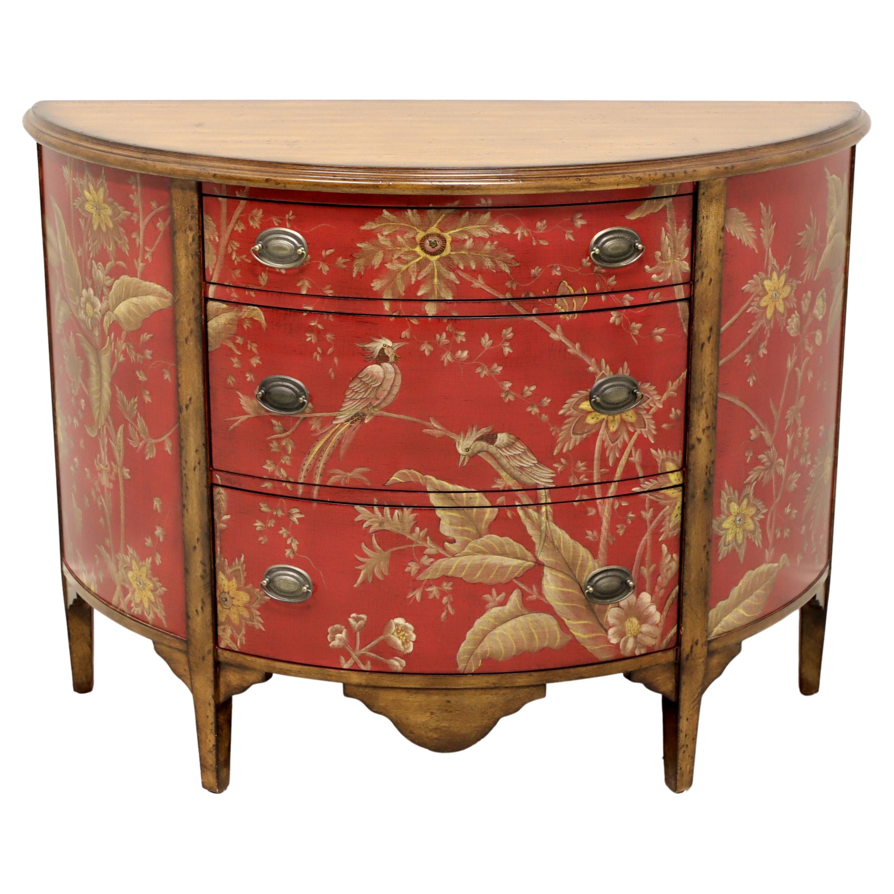 Late 20th Century Red Painted with Foliate & Avian Themes Demilune Commode Chest