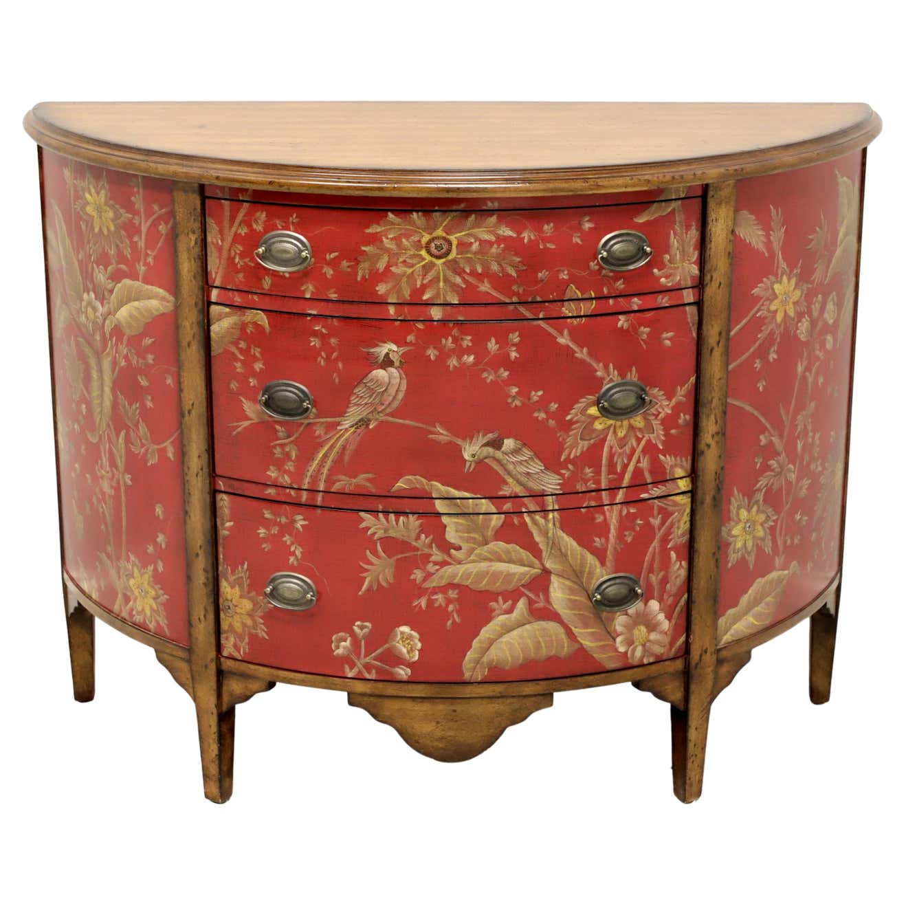 Late 20th Century Red Painted with Foliate and Avian Themes Demilune ...
