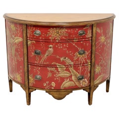Late 20th Century Red Painted with Foliate & Avian Themes Demilune Commode Chest