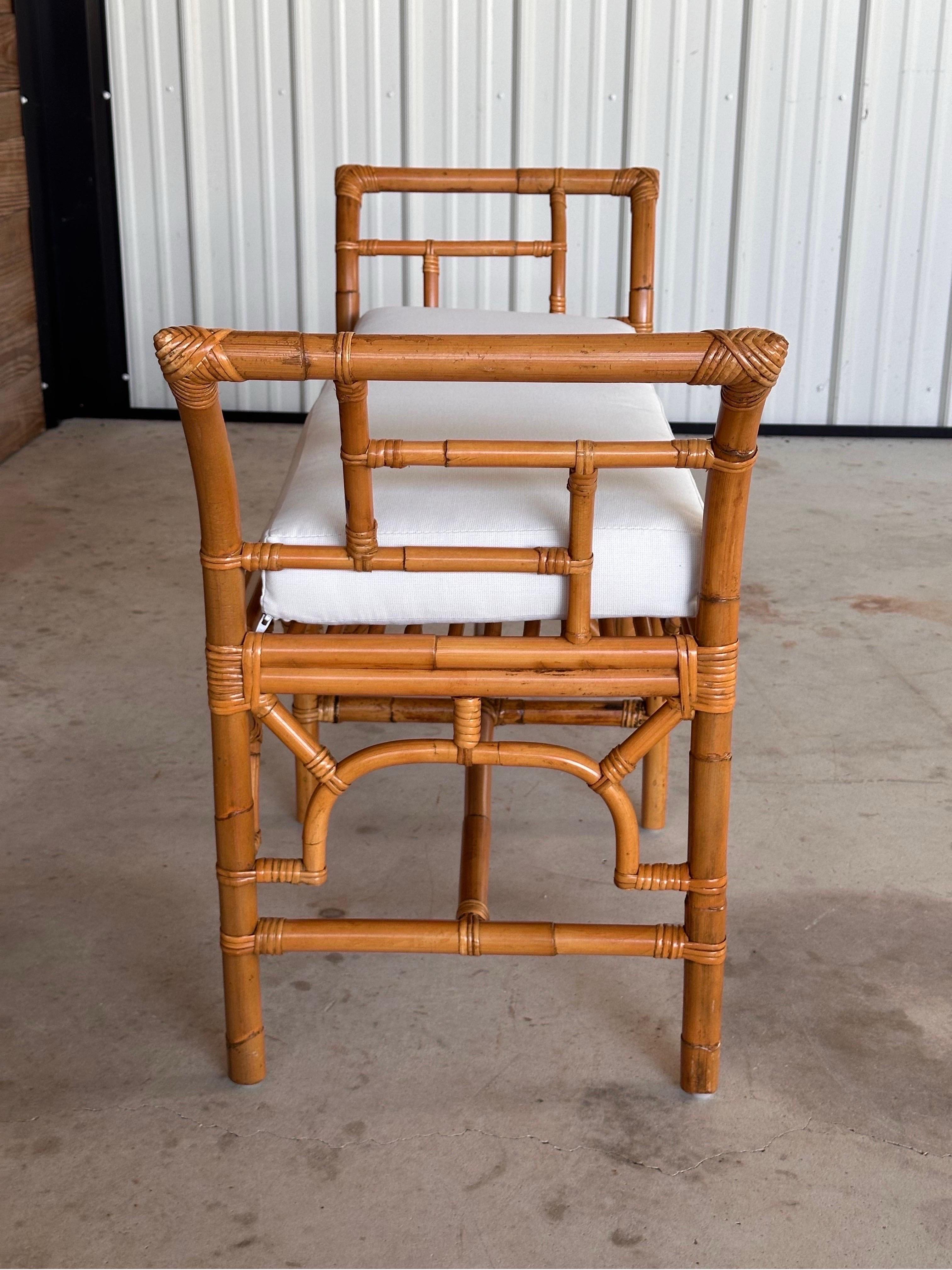 Late 20th Century Refinished Custom Upholstered Rattan Fretwork Bench 4