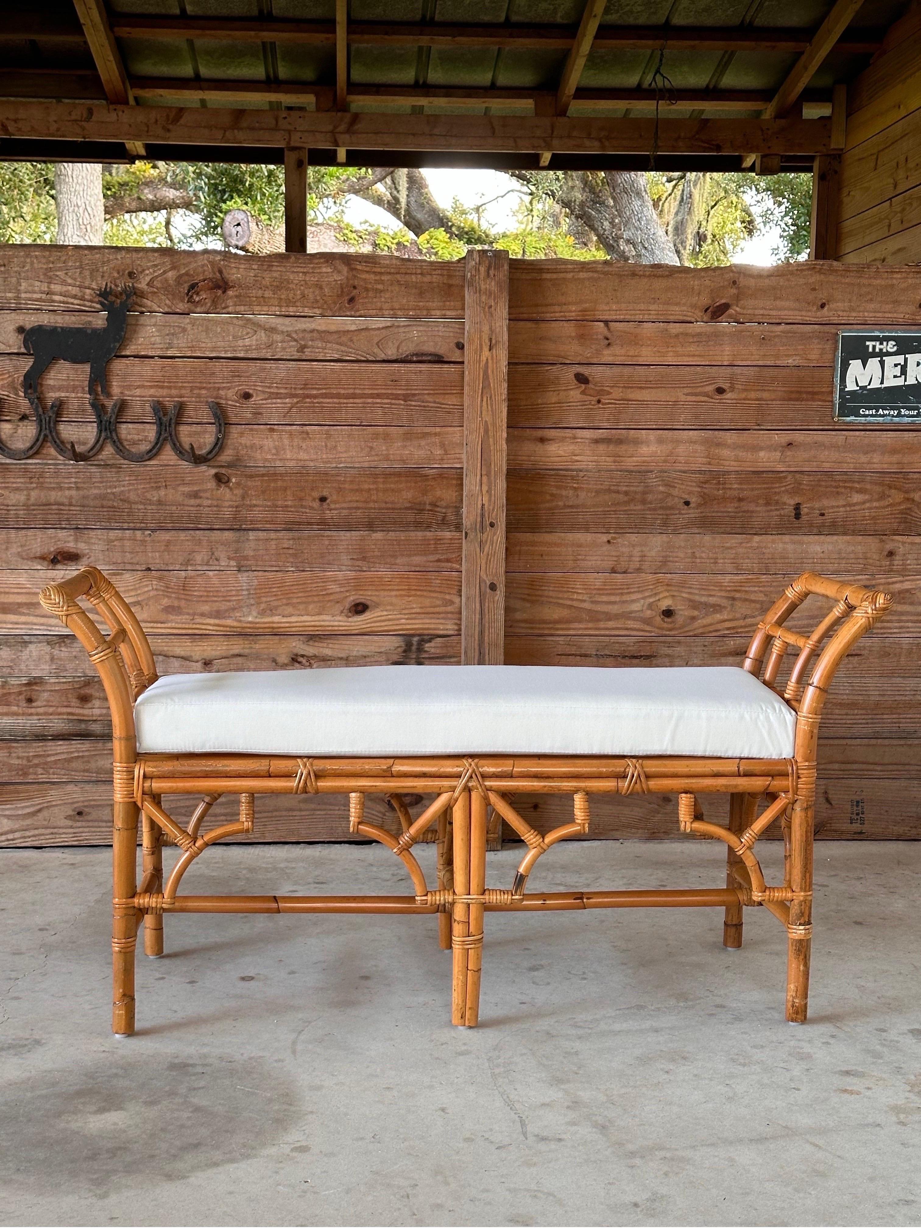 Late 20th Century Refinished Custom Upholstered Rattan Fretwork Bench 5