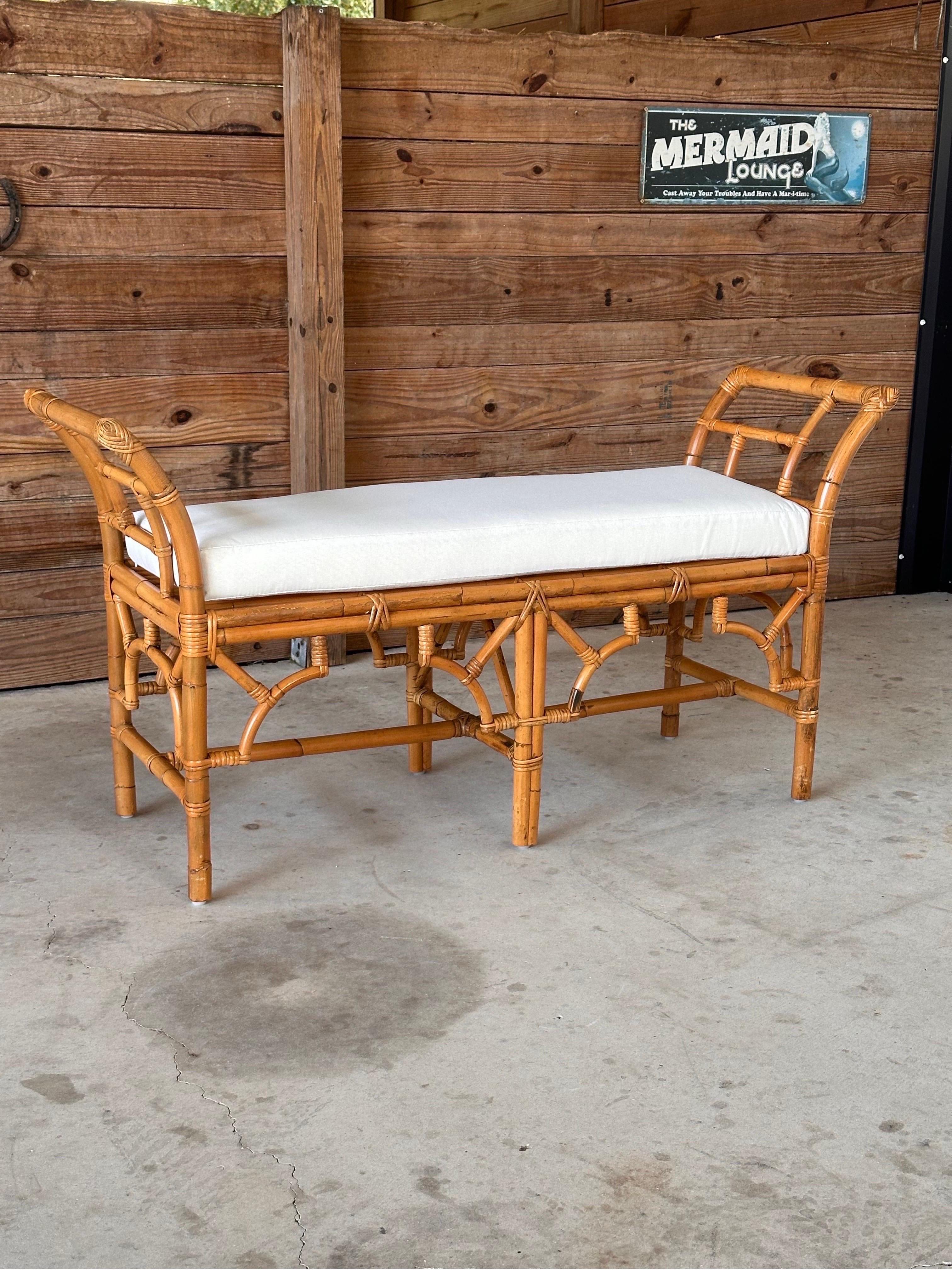 Late 20th Century Refinished Custom Upholstered Rattan Fretwork Bench 6