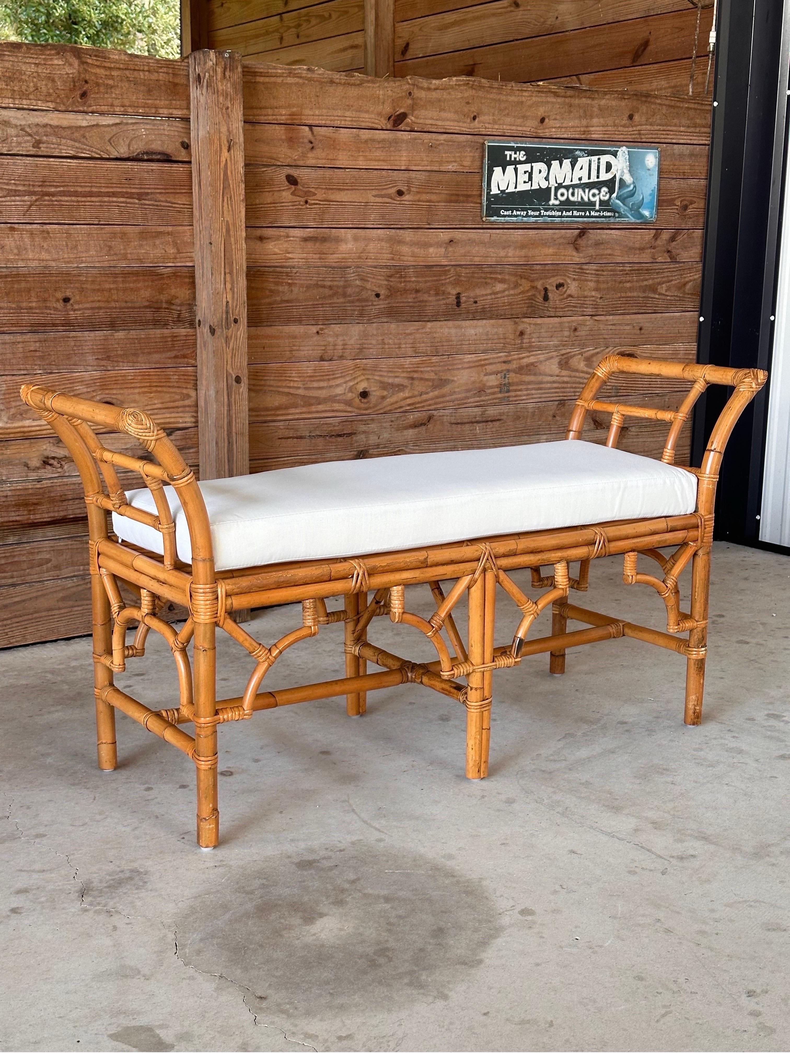 Late 20th Century Refinished Custom Upholstered Rattan Fretwork Bench 7