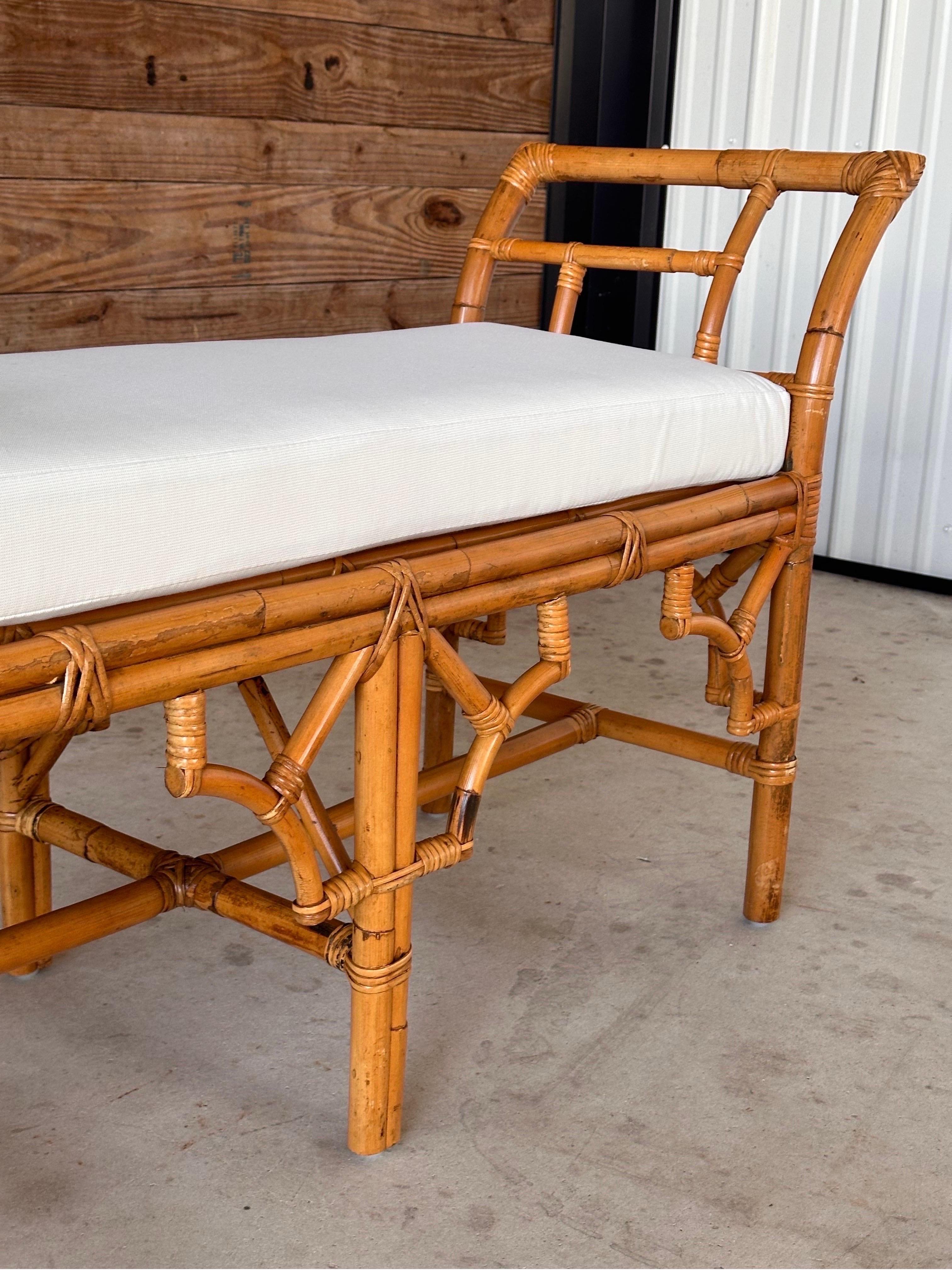 Organic Modern Late 20th Century Refinished Custom Upholstered Rattan Fretwork Bench