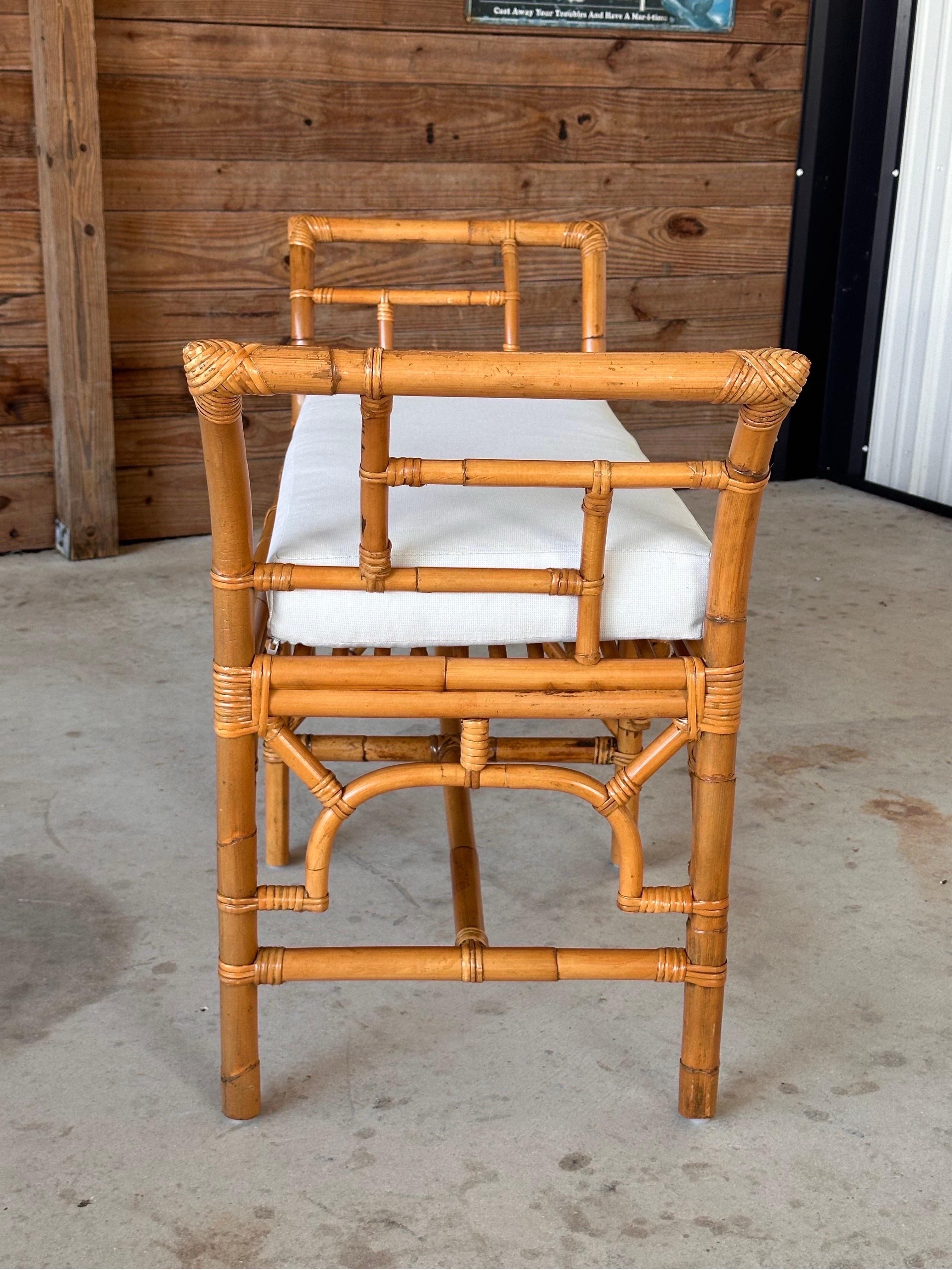 American Late 20th Century Refinished Custom Upholstered Rattan Fretwork Bench