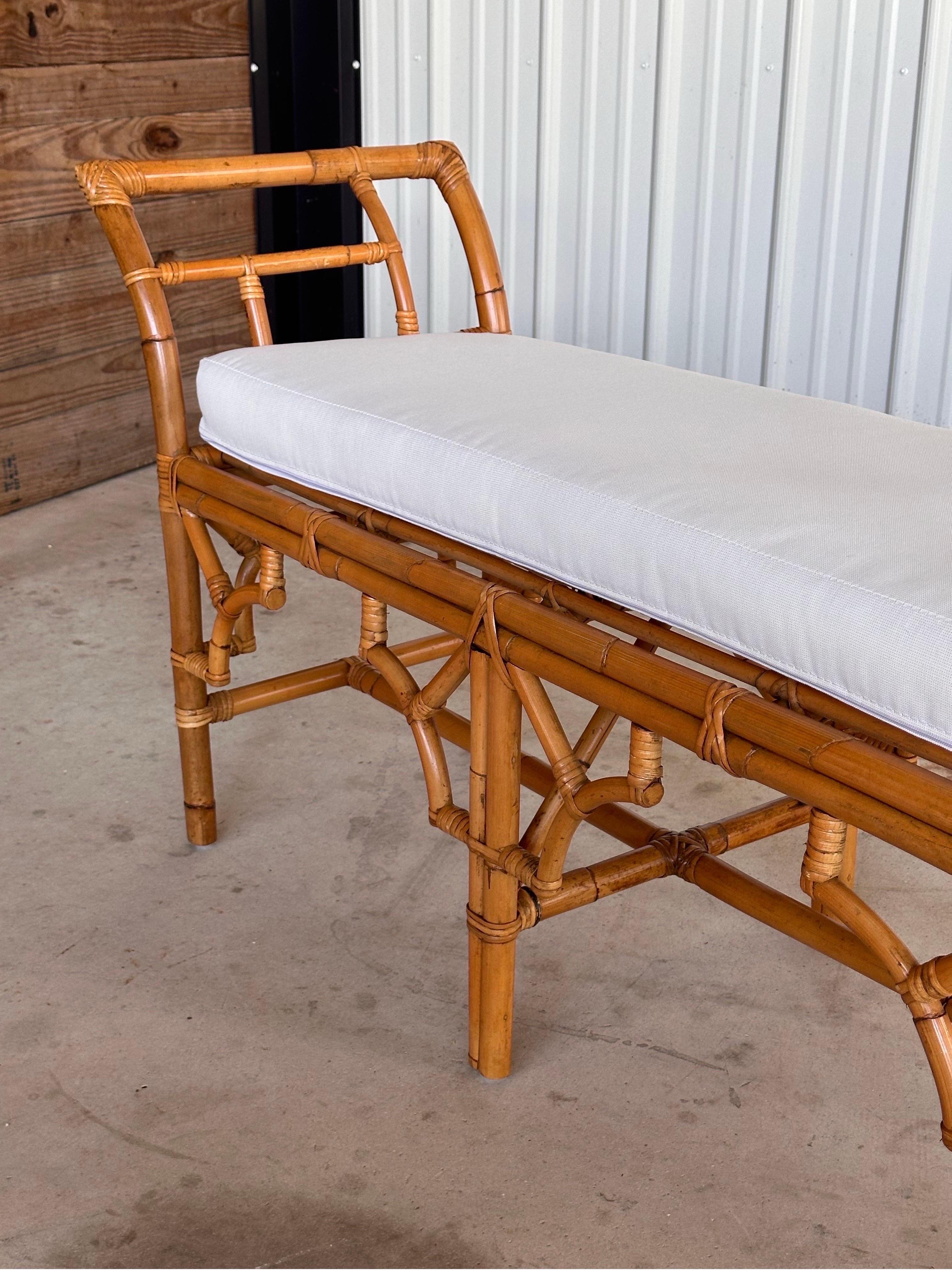 Hand-Crafted Late 20th Century Refinished Custom Upholstered Rattan Fretwork Bench