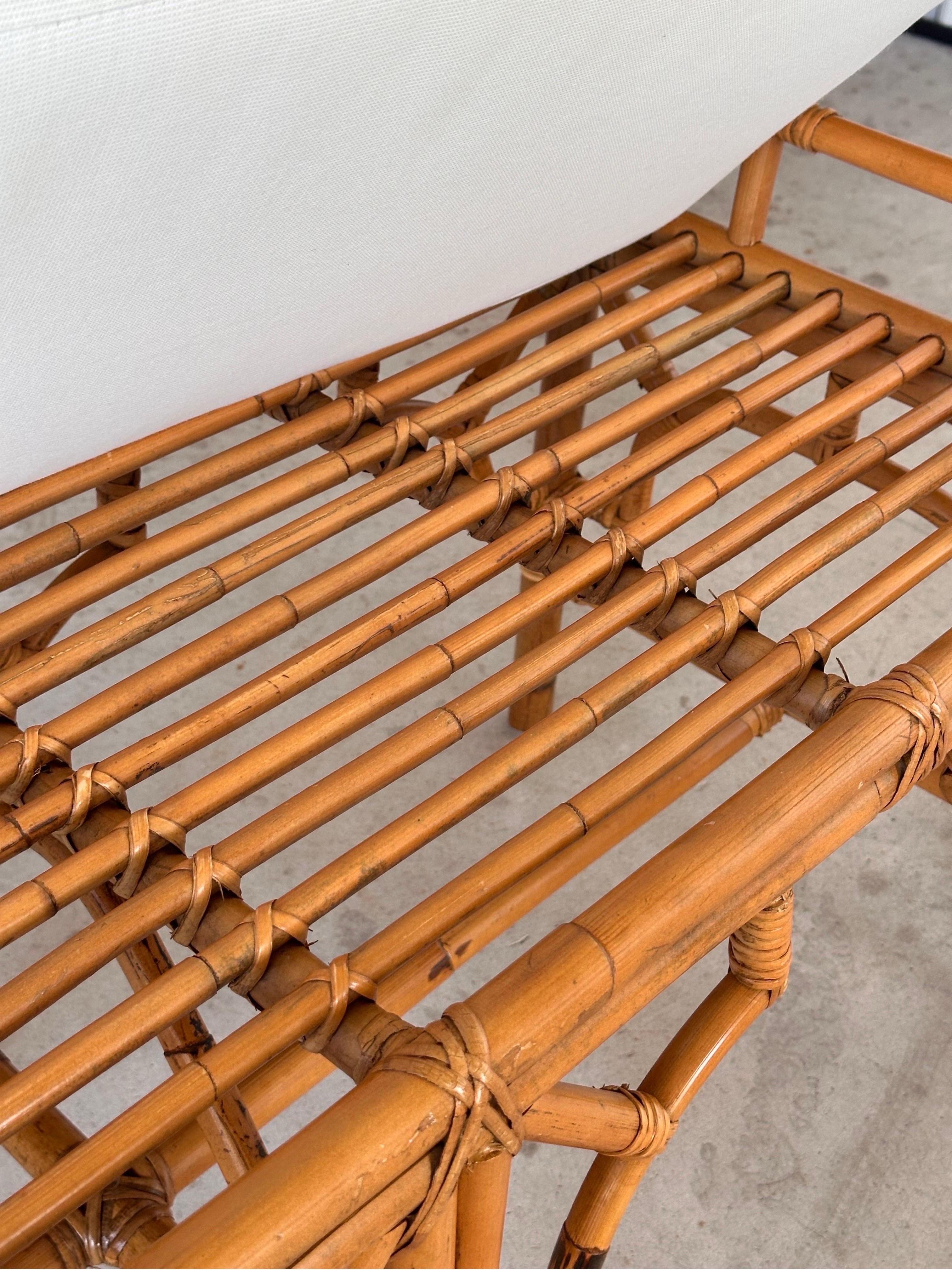 Late 20th Century Refinished Custom Upholstered Rattan Fretwork Bench In Good Condition In North Fort Myers, FL