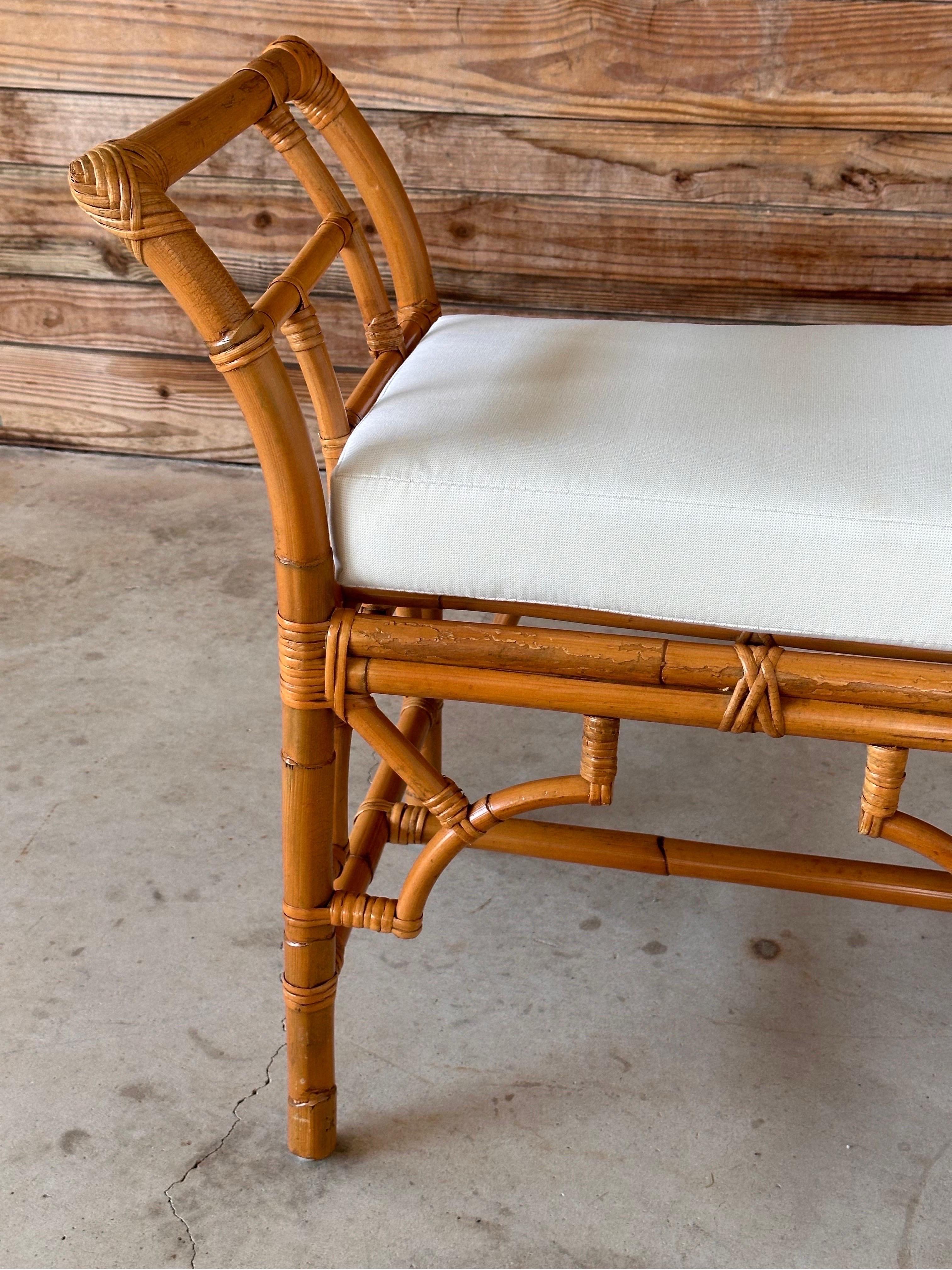Late 20th Century Refinished Custom Upholstered Rattan Fretwork Bench 3