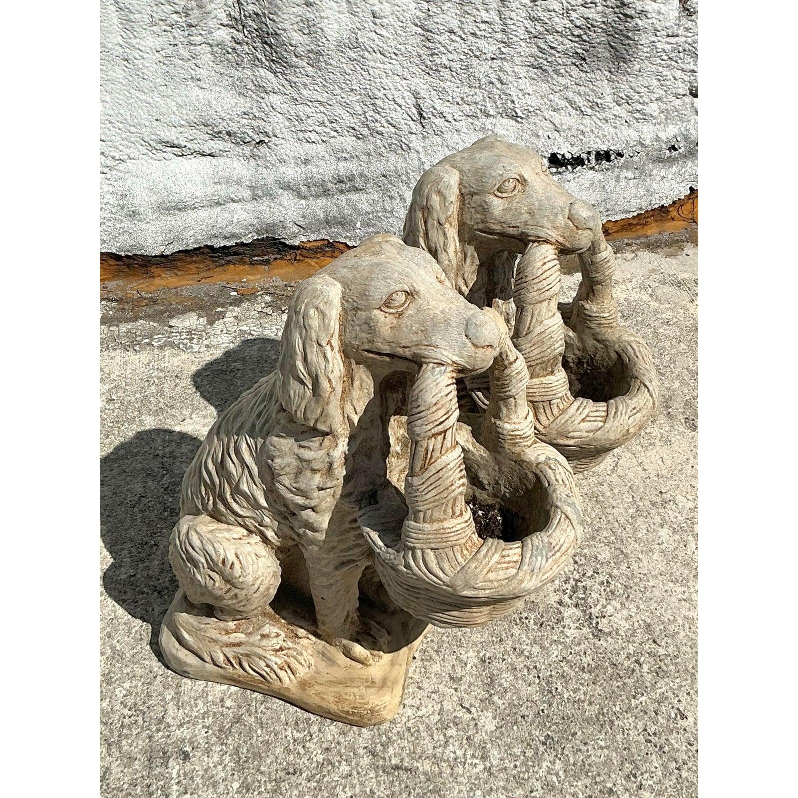 Late 20th Century Regency Cast Stone Dog Statues - A Pair In Good Condition For Sale In west palm beach, FL