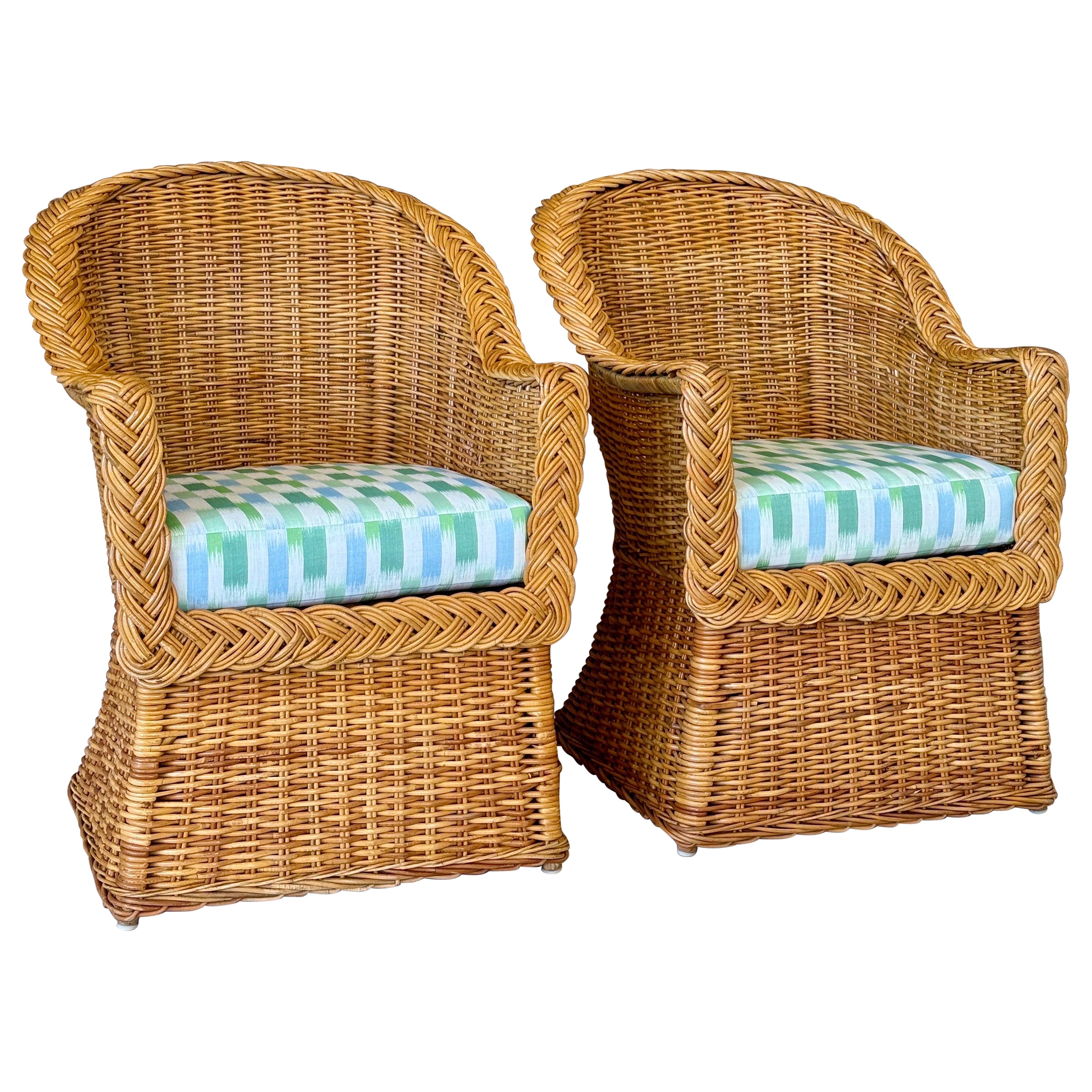 Late 20th Century Restored Rattan Braid Side Chairs Newly Upholstered-Pair