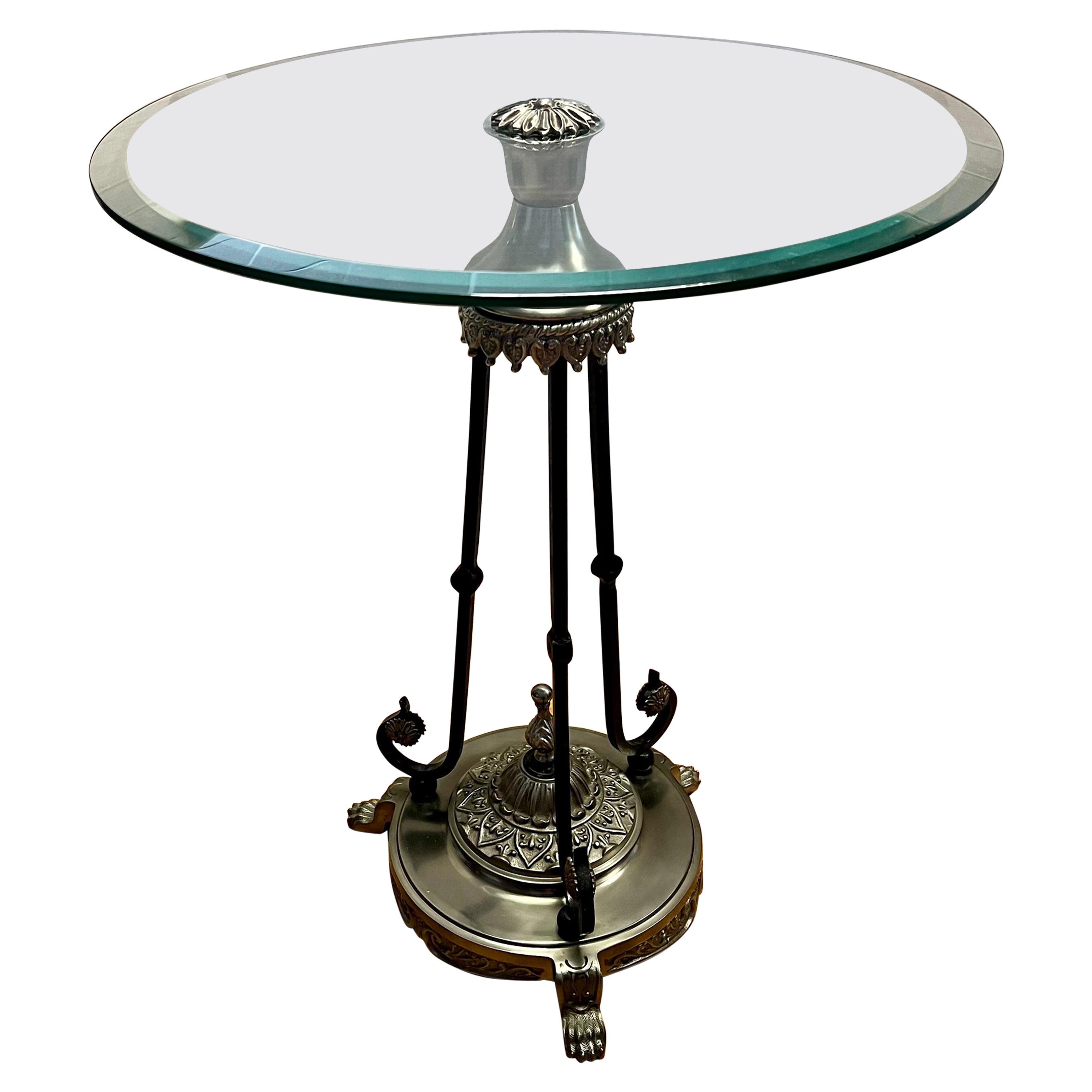 Late 20th Century Round Glass and Silver Pedestal End Table