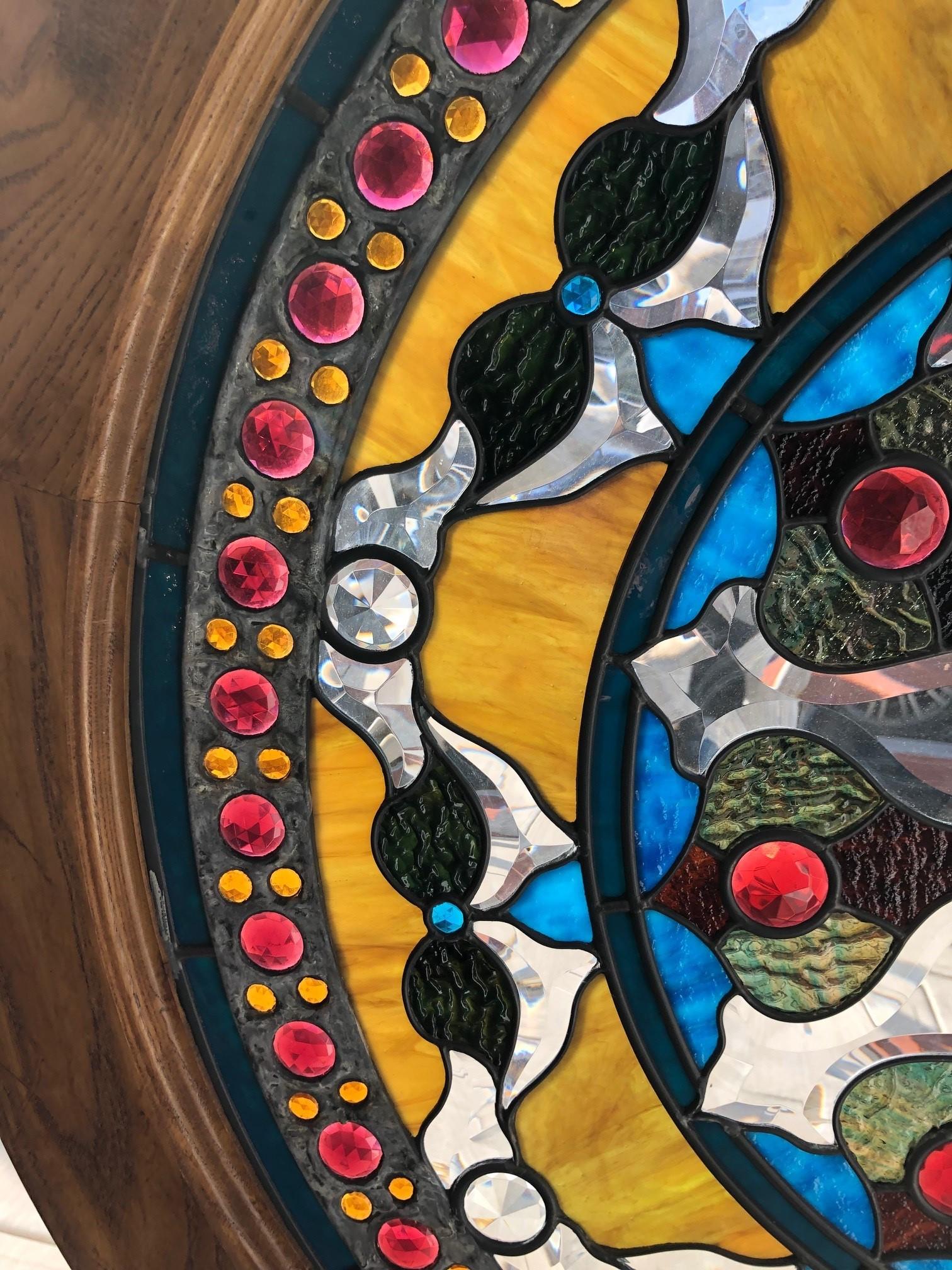 Hand-Crafted Late 20th Century Round Jeweled and Beveled Stained Glass Window in a Oak Frame For Sale