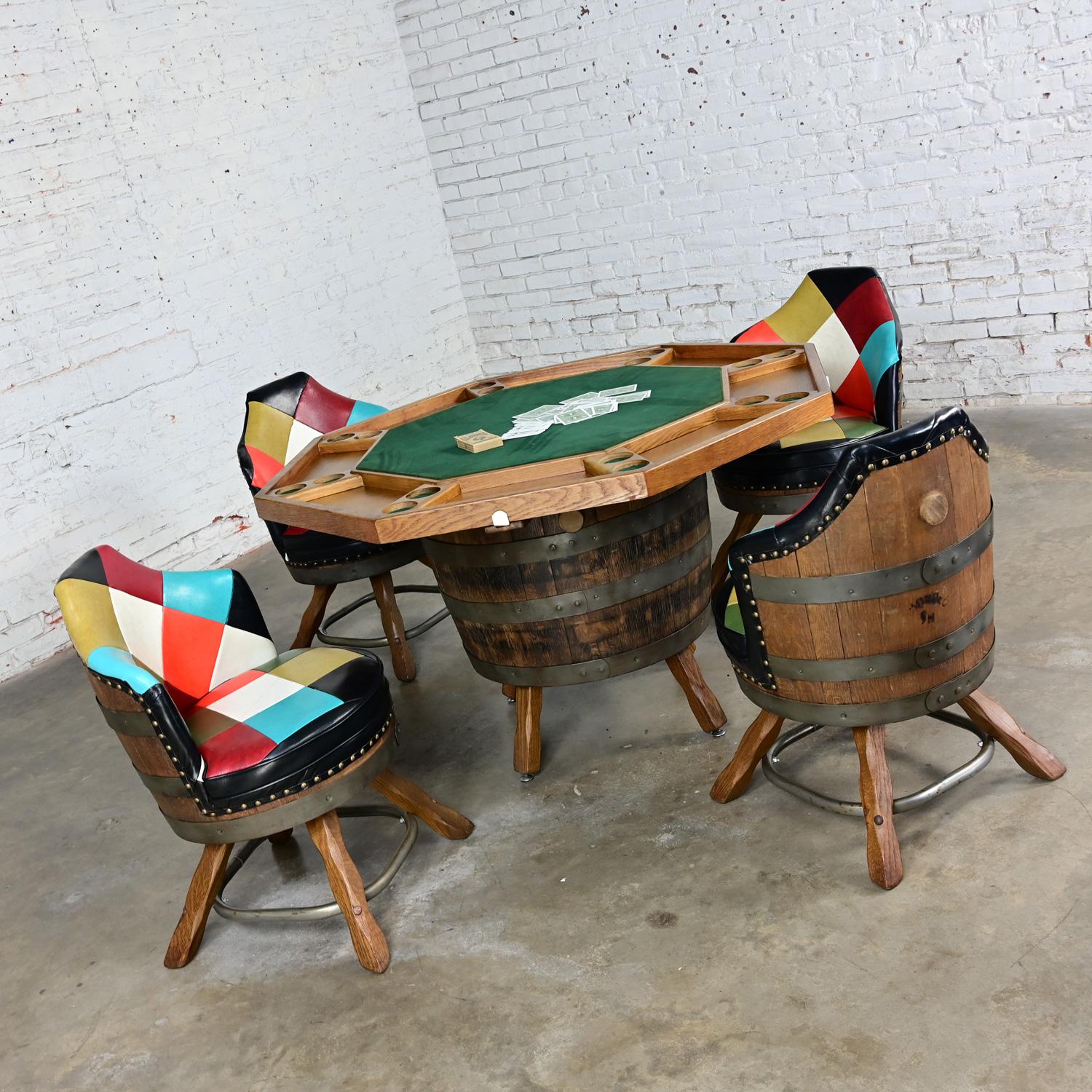 Late 20th Century Rustic Oak Whiskey Barrel Poker Table & 4 Swivel Chairs 3