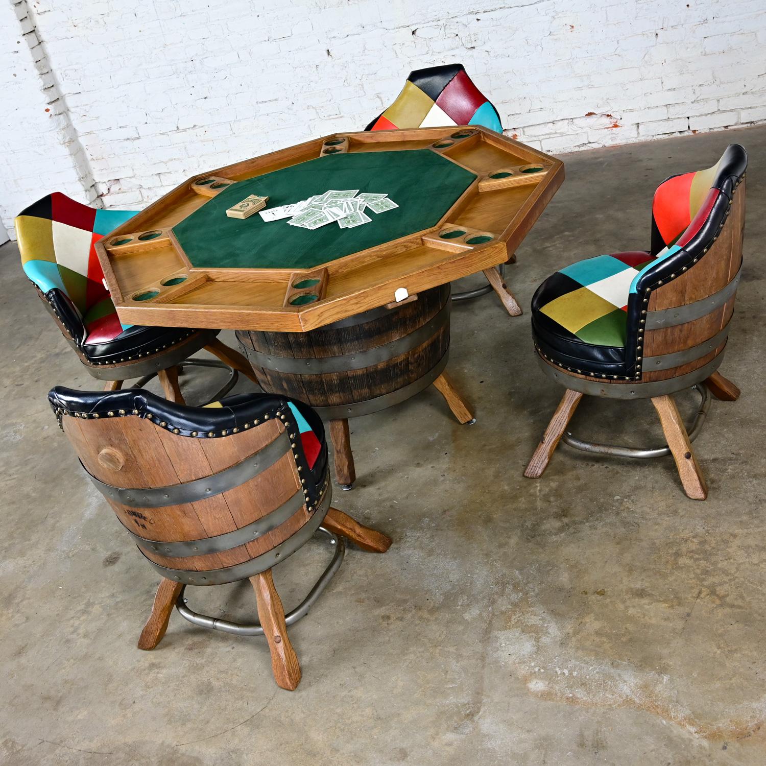 Late 20th Century Rustic Oak Whiskey Barrel Poker Table & 4 Swivel Chairs 4