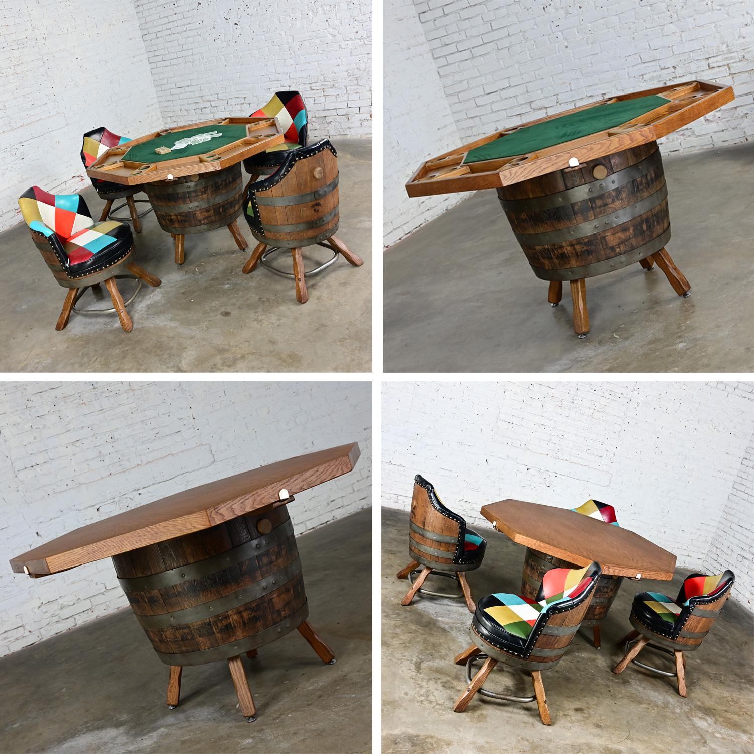 Late 20th Century Rustic Oak Whiskey Barrel Poker Table & 4 Swivel Chairs 7