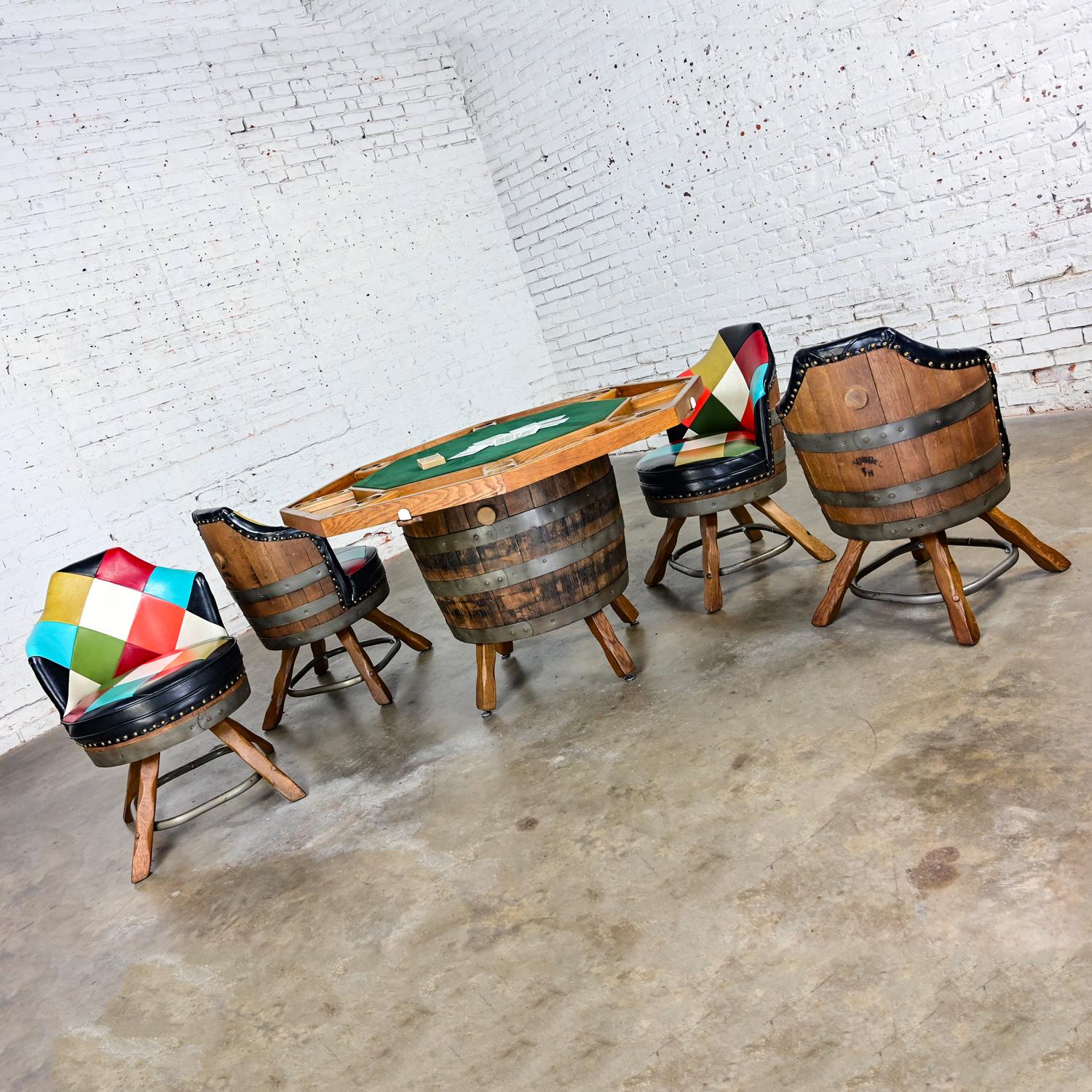 Awesome Late 20th Century rustic oak whiskey barrel poker table & 4 swivel chairs in the style of Brothers of Kentucky but these are made by The San Hygene Furniture MFG. CO. The chairs are comprised of actual oak whiskey barrels cut apart, padded,