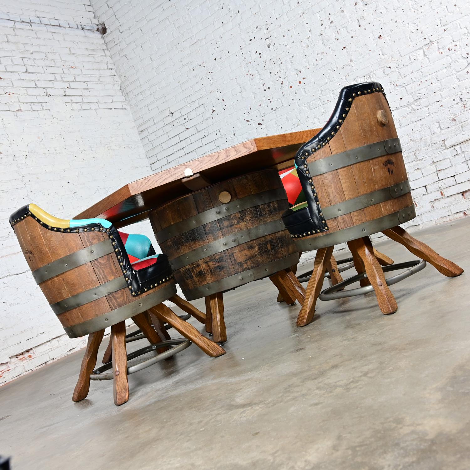 American Late 20th Century Rustic Oak Whiskey Barrel Poker Table & 4 Swivel Chairs