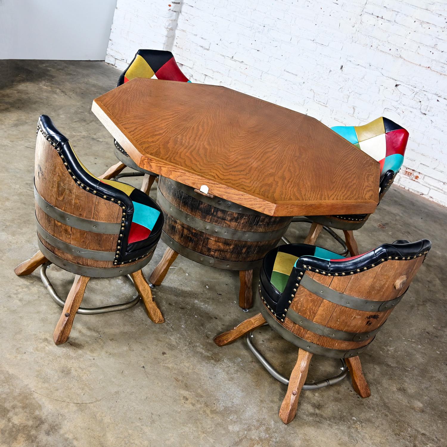 Late 20th Century Rustic Oak Whiskey Barrel Poker Table & 4 Swivel Chairs In Good Condition In Topeka, KS