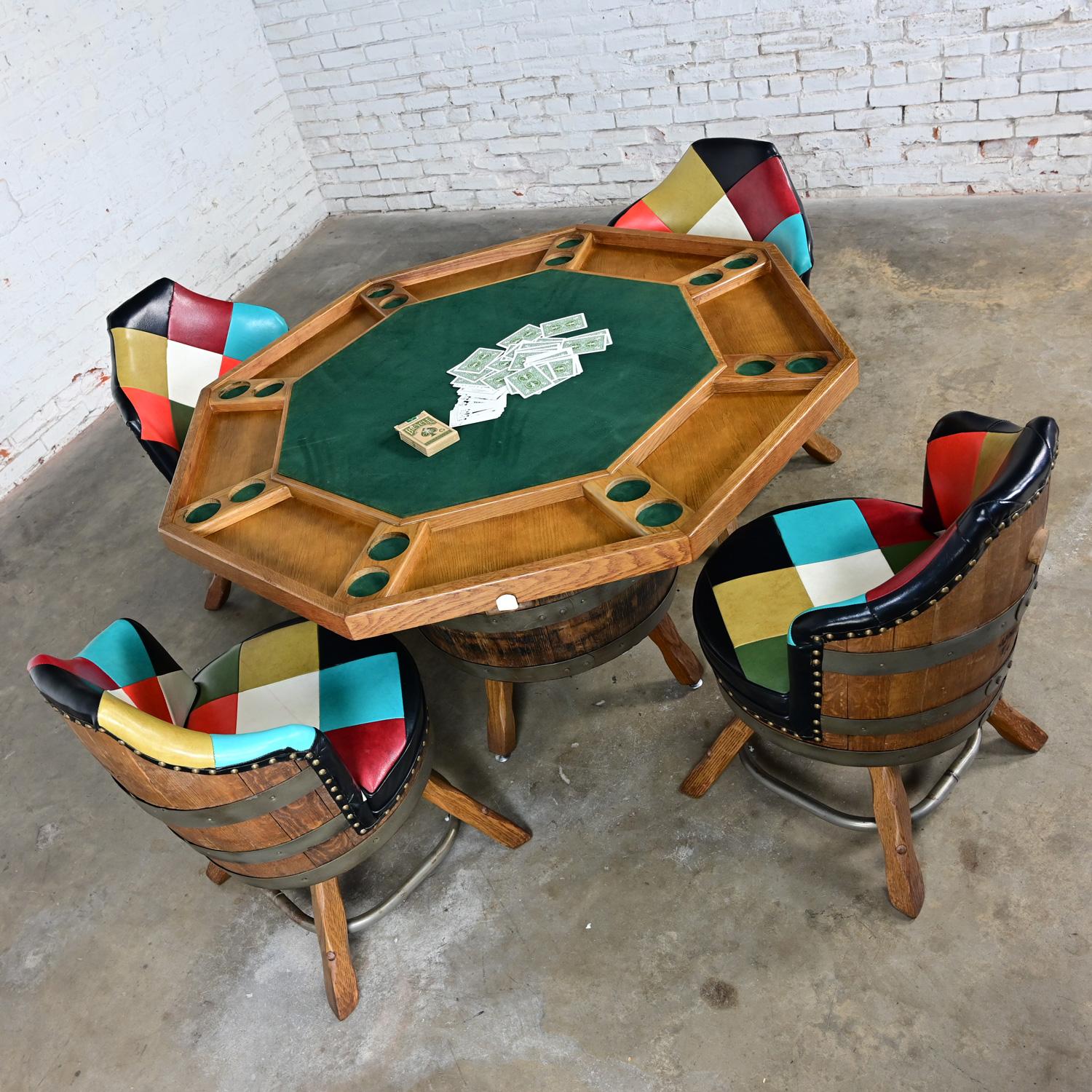 Steel Late 20th Century Rustic Oak Whiskey Barrel Poker Table & 4 Swivel Chairs