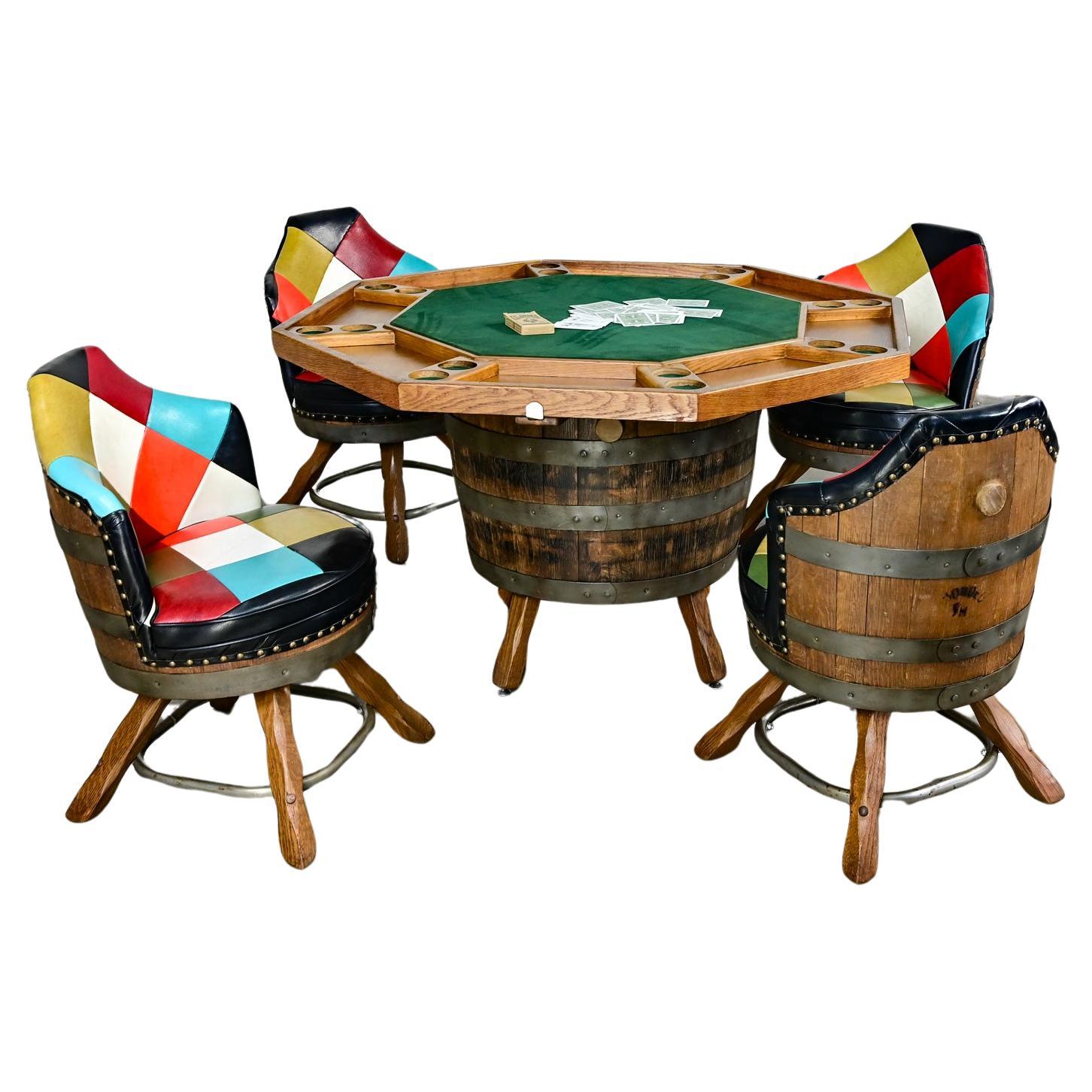 Late 20th Century Rustic Oak Whiskey Barrel Poker Table & 4 Swivel Chairs