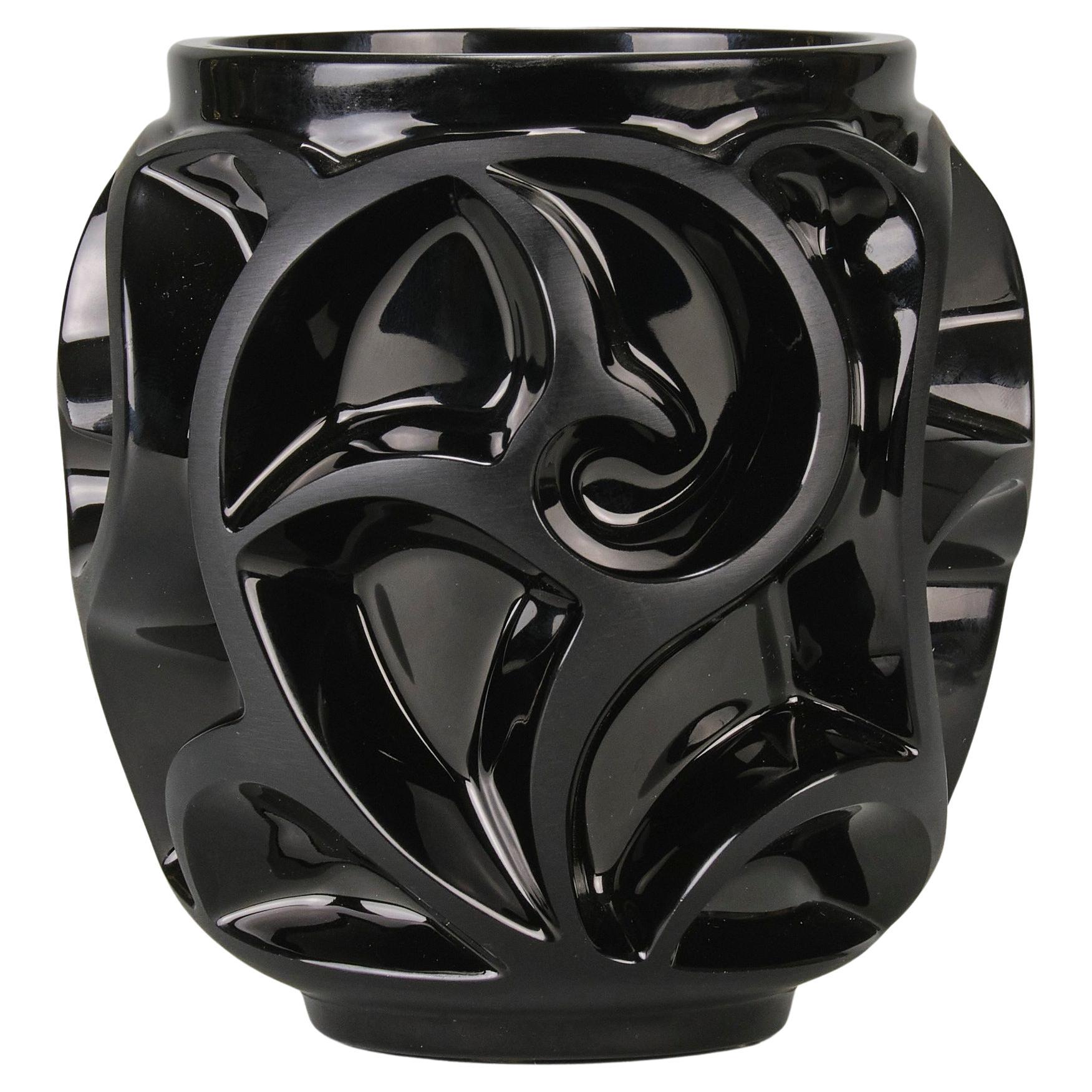 Late 20th Century Satin Black Glass Vase entitled  "Black Tourbillon" by Lalique For Sale