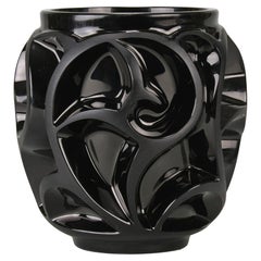 Vintage Late 20th Century Satin Black Glass Vase entitled  "Black Tourbillon" by Lalique
