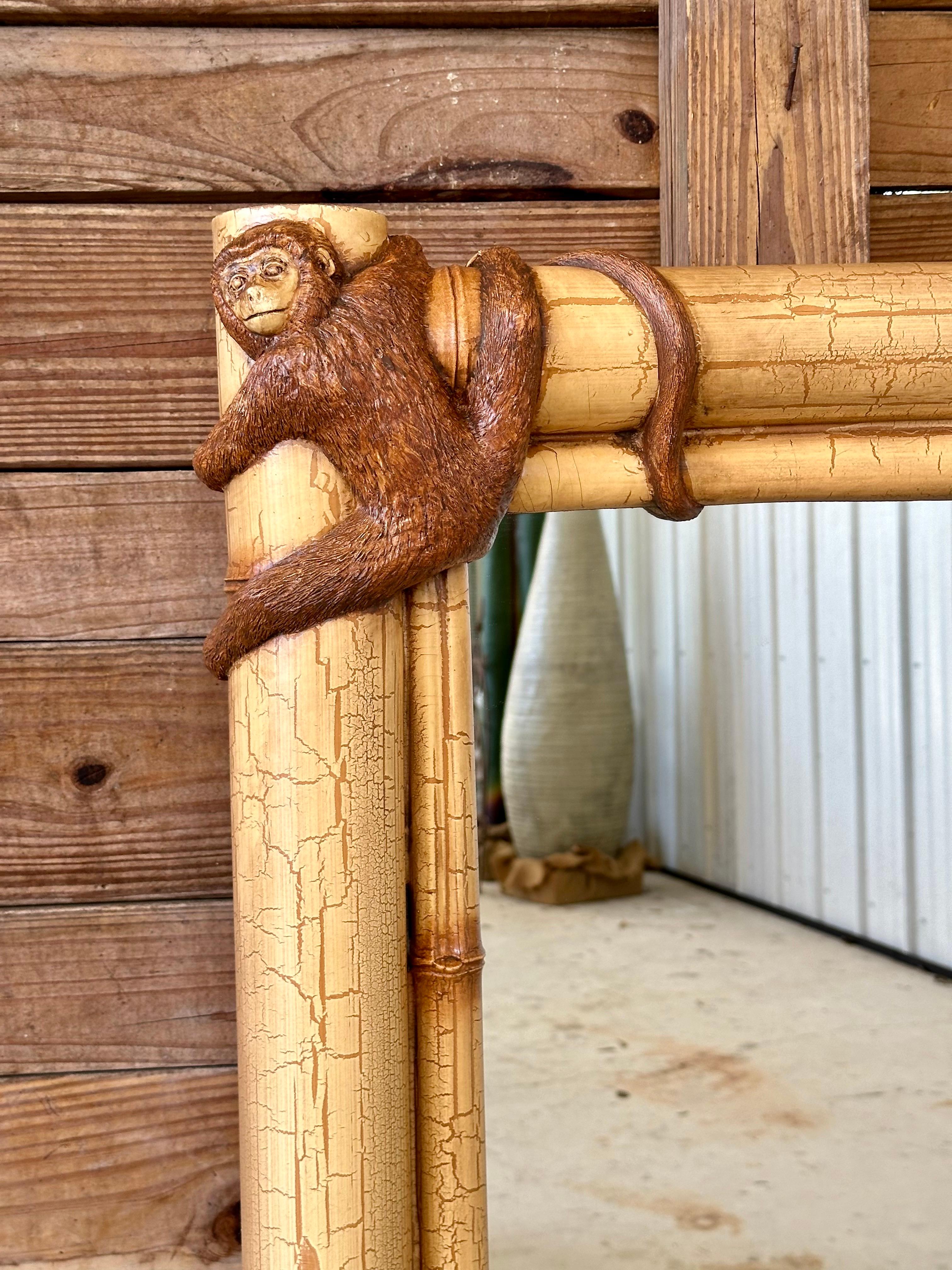 Late 20th Century Sculptural Faux Bamboo Monkey Wall Mirror In Good Condition In North Fort Myers, FL