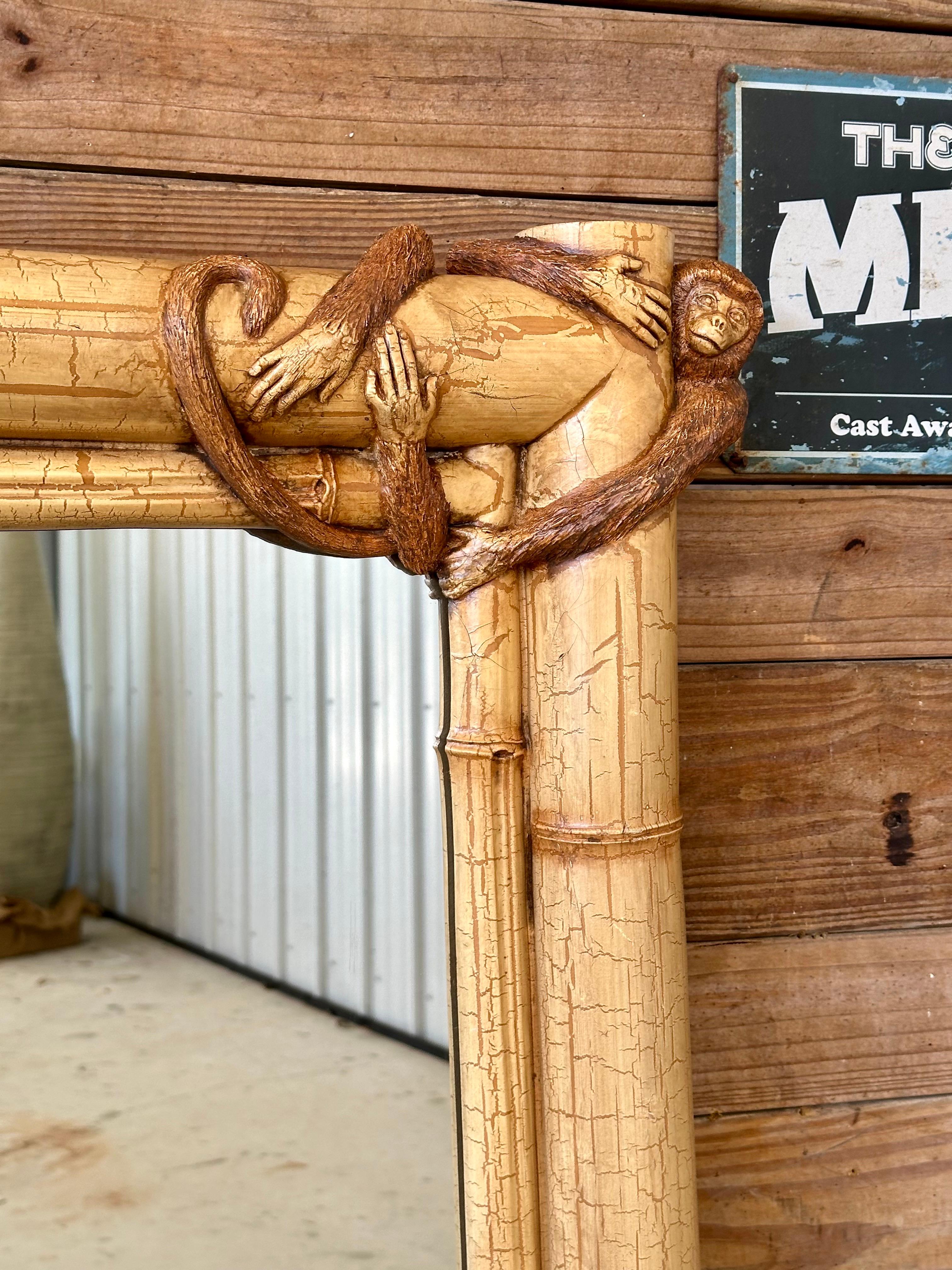 Late 20th Century Sculptural Faux Bamboo Monkey Wall Mirror 1