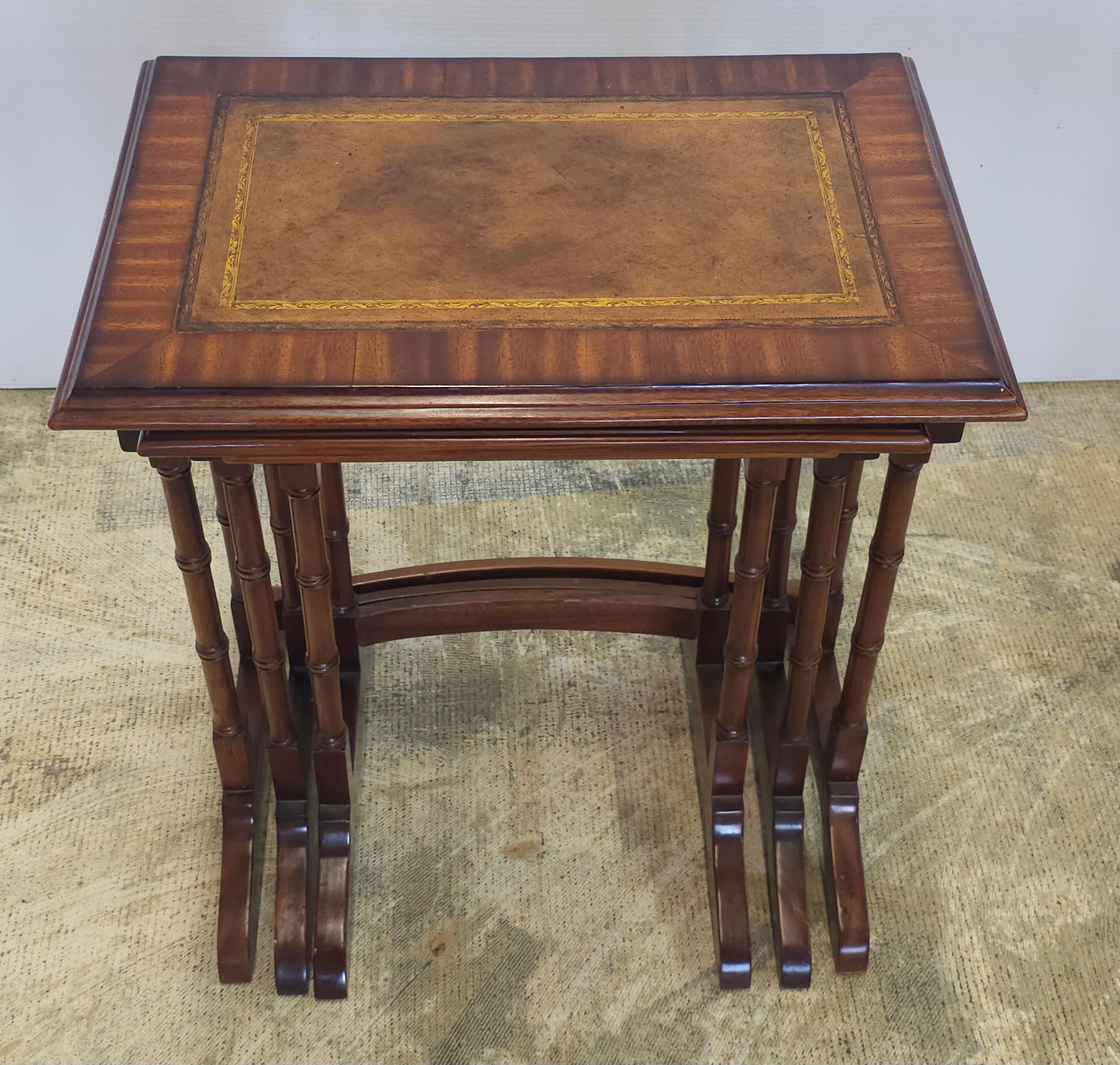 Regency Late 20th Century Set of Three Mahogany Faux Bamboo and Leather Nesting Tables For Sale