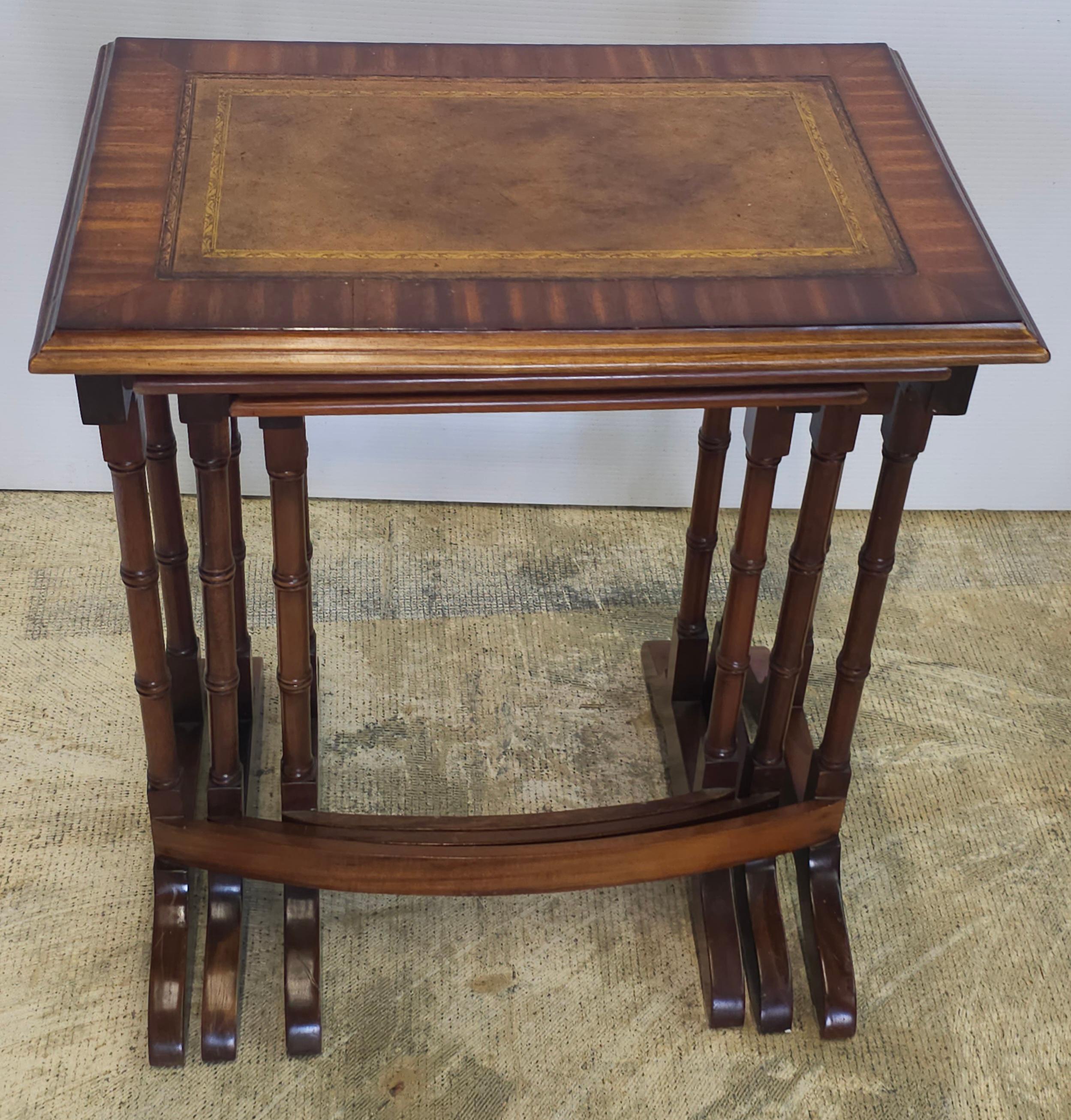 American Late 20th Century Set of Three Mahogany Faux Bamboo and Leather Nesting Tables For Sale