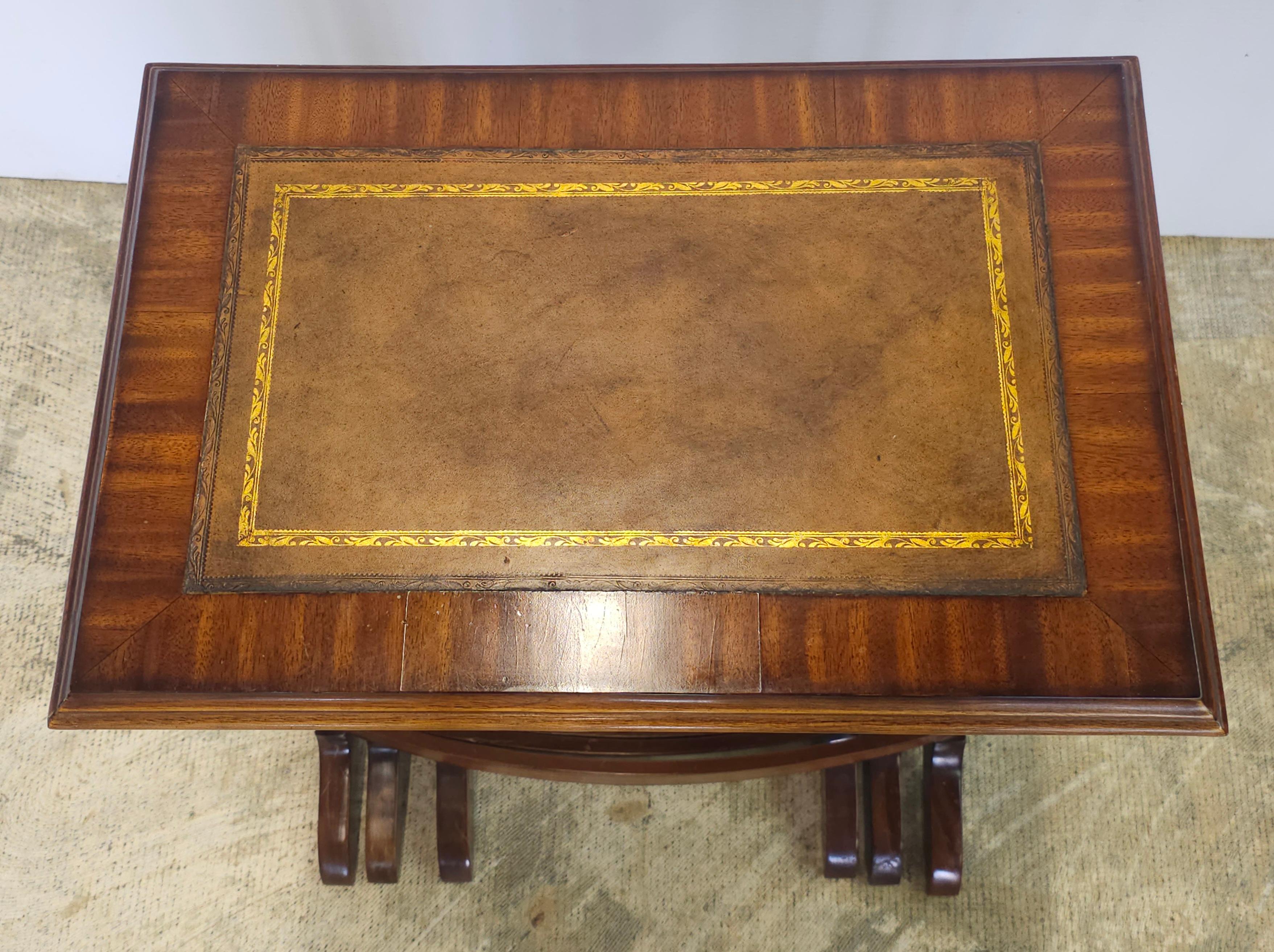 Other Late 20th Century Set of Three Mahogany Faux Bamboo and Leather Nesting Tables For Sale